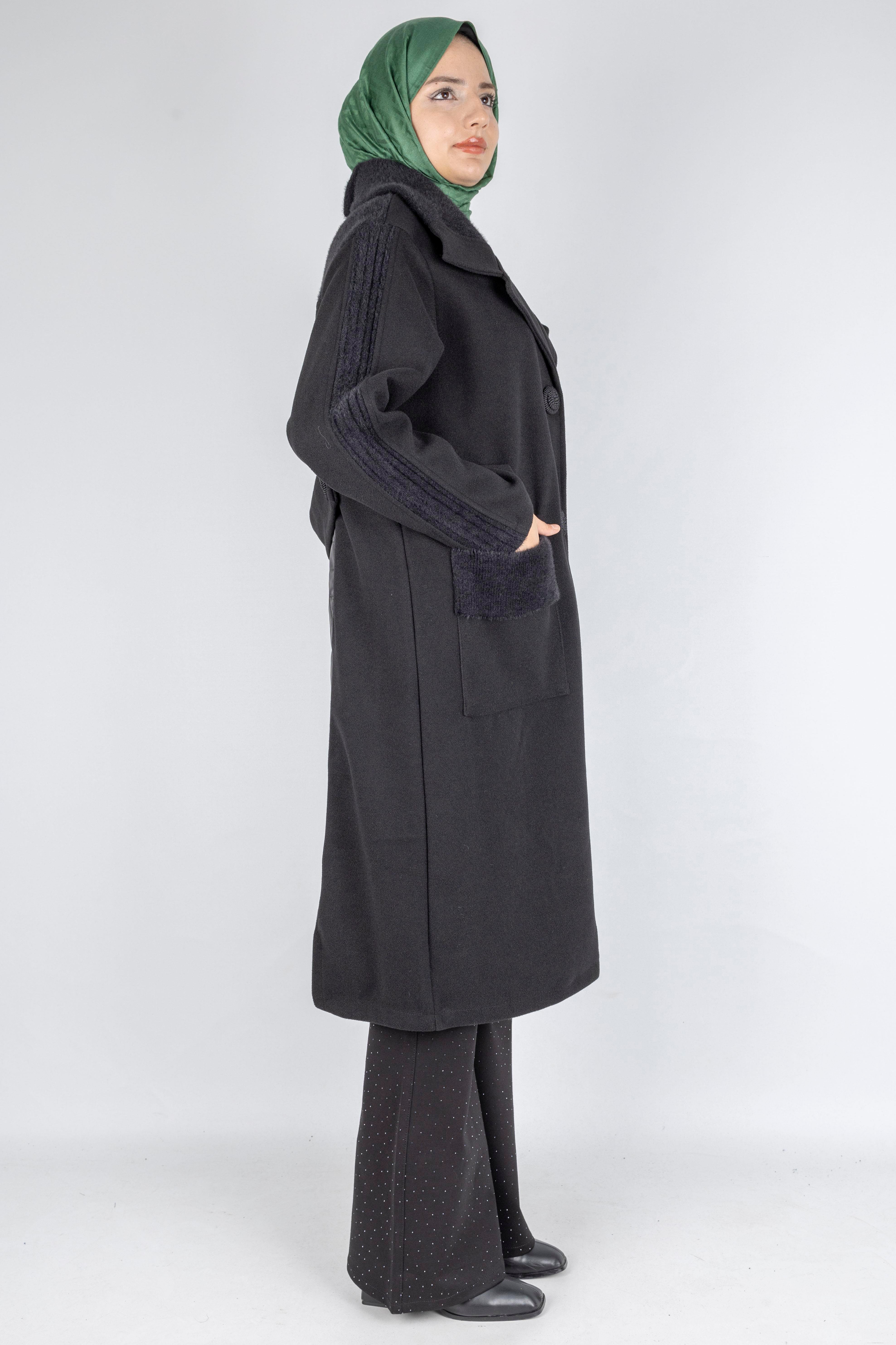 Büyük Beden Cepli Modern Kaşe Kaban Siyah OTW9822