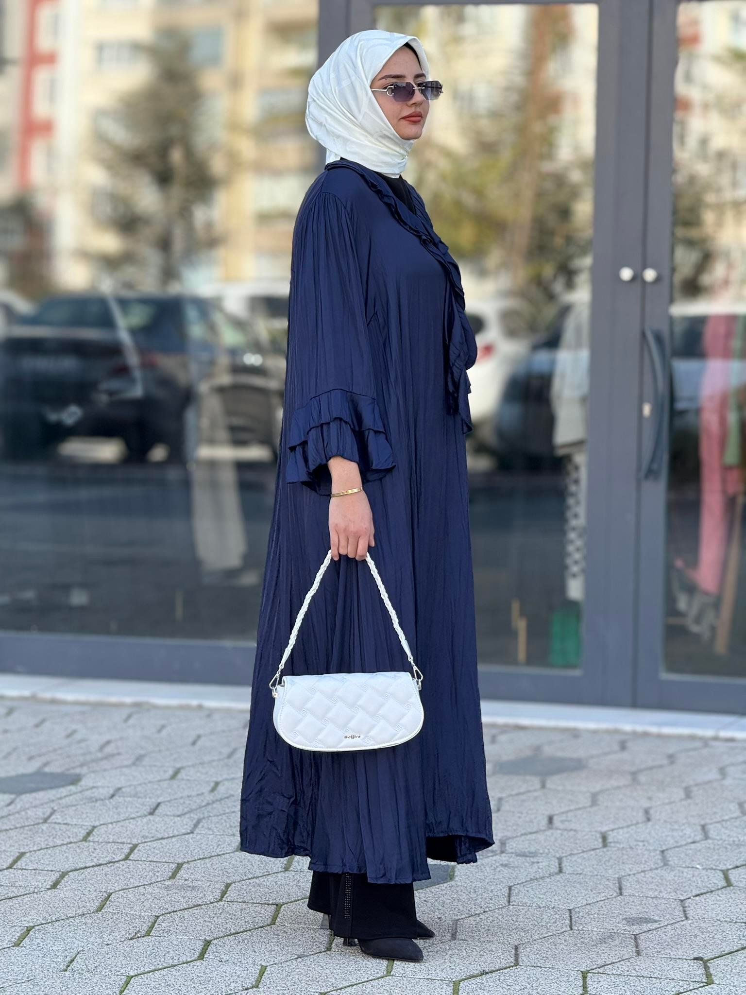 Büyük Beden Cepli Saten Elbise Mavi OTW3835