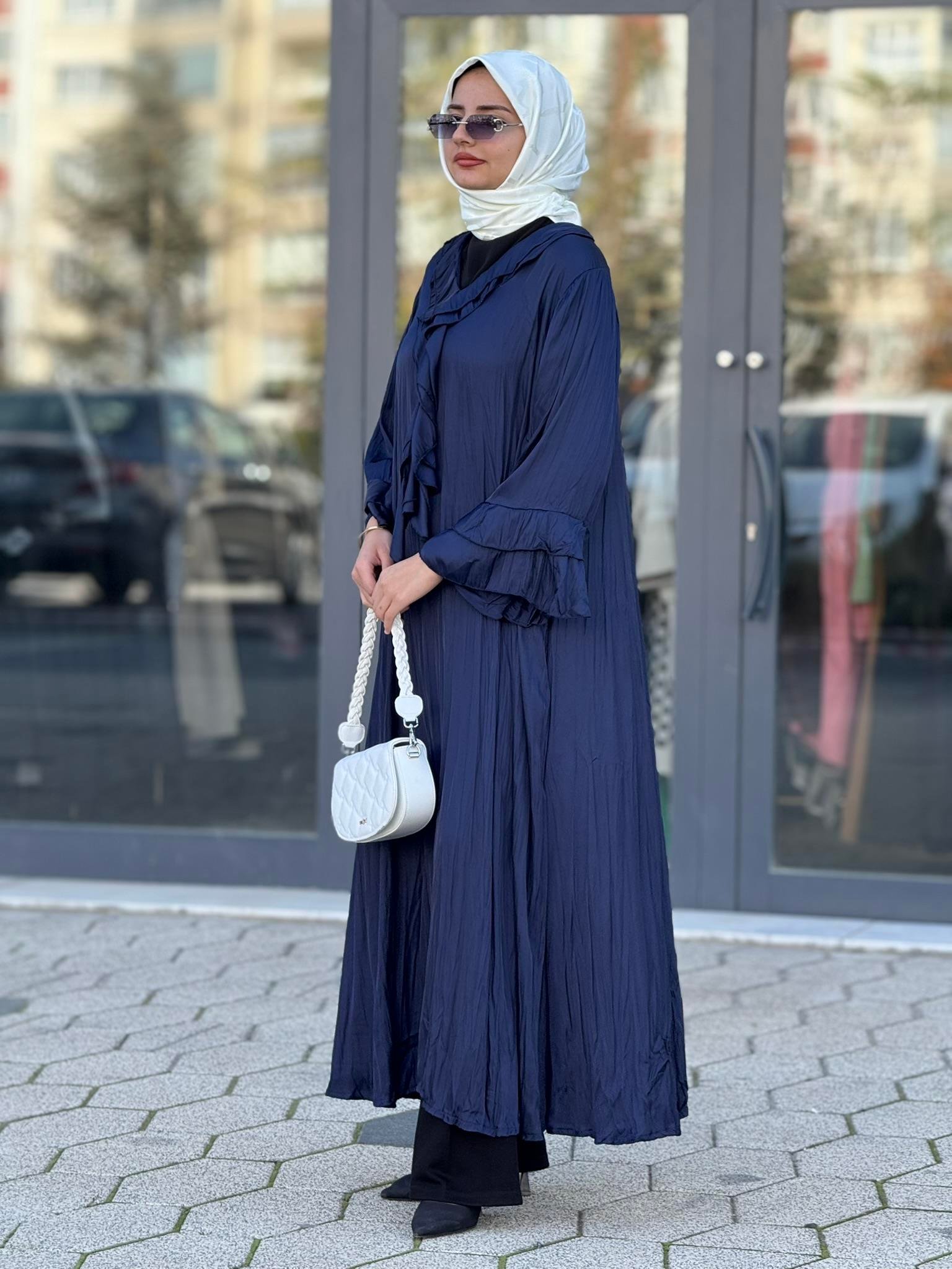 Büyük Beden Cepli Saten Elbise Mavi OTW3835