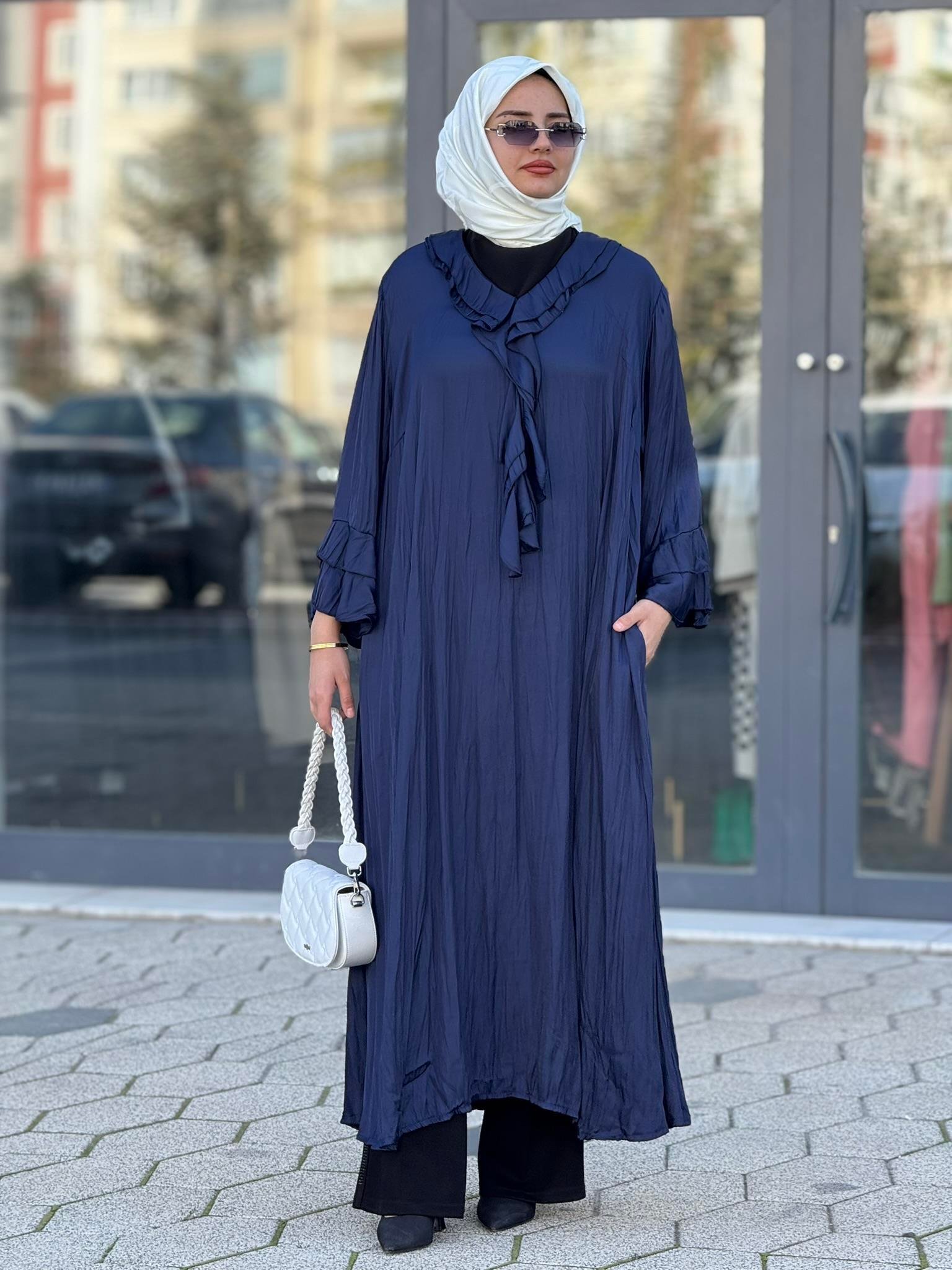 Büyük Beden Cepli Saten Elbise Mavi OTW3835