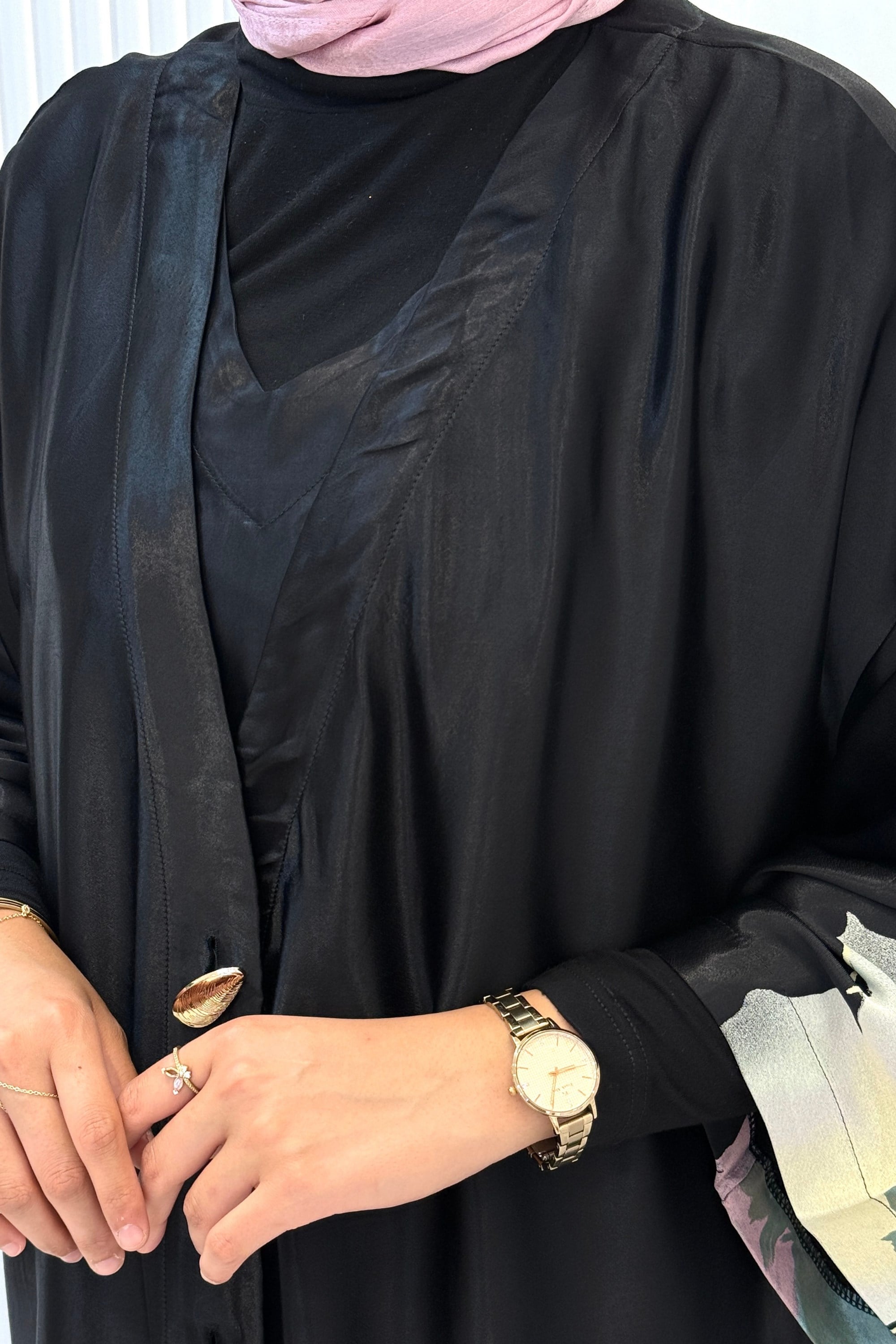 Büyük Beden Çiçek Desenli Abaya Siyah OTW4816