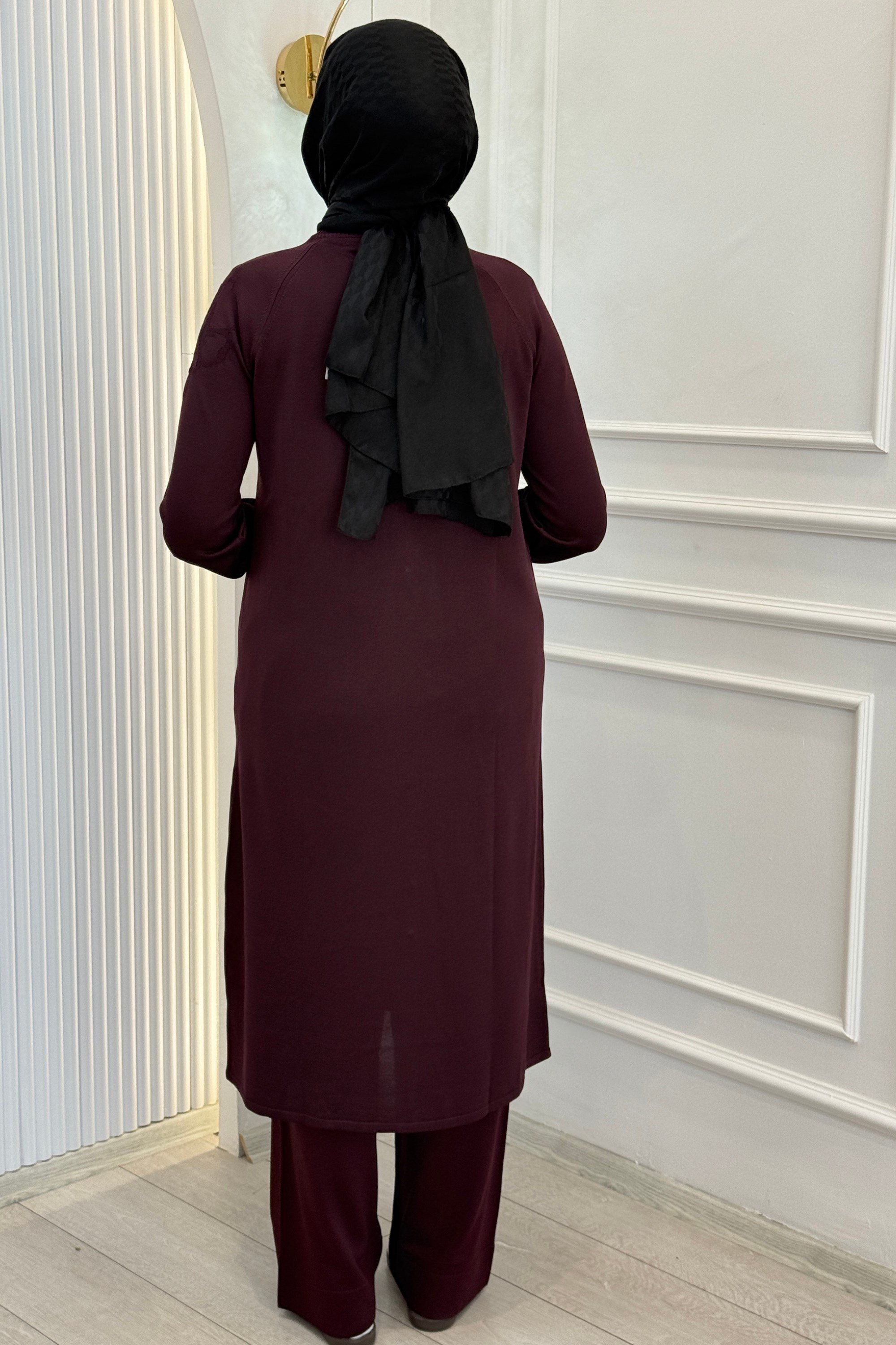 Büyük Beden Çiçek Desenli Düğmeli Uzun Triko Hırka Mürdüm OTW35402
