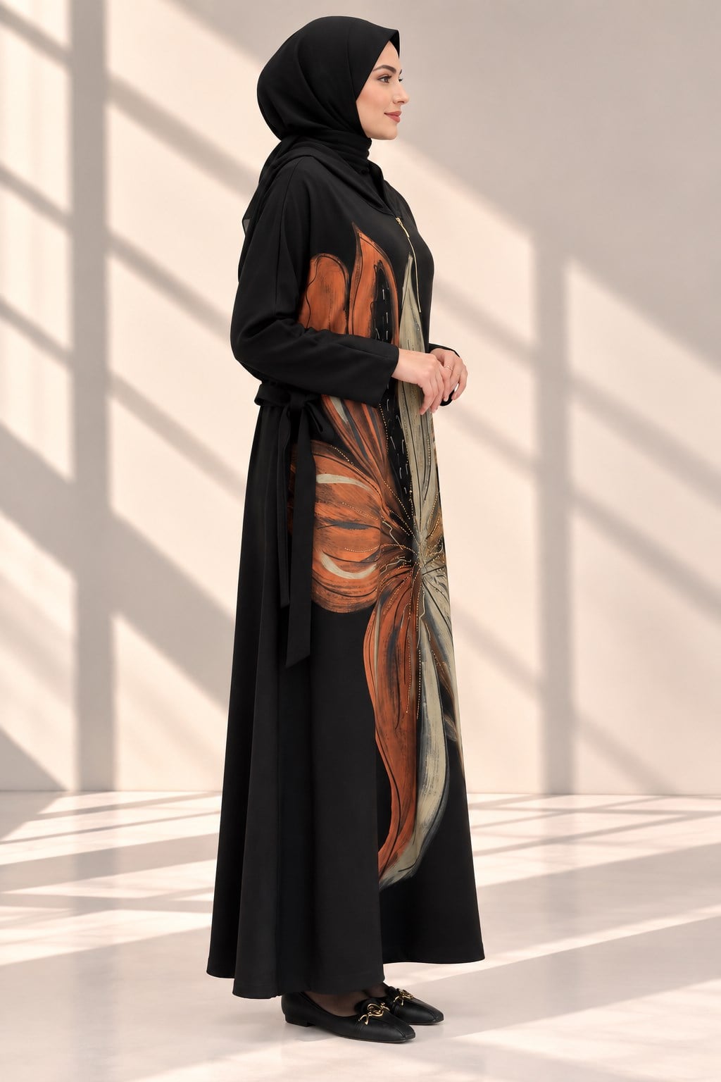 Büyük Beden Çiçek Desenli Kapüşonlu Tesettür Elbise Siyah OTW5899