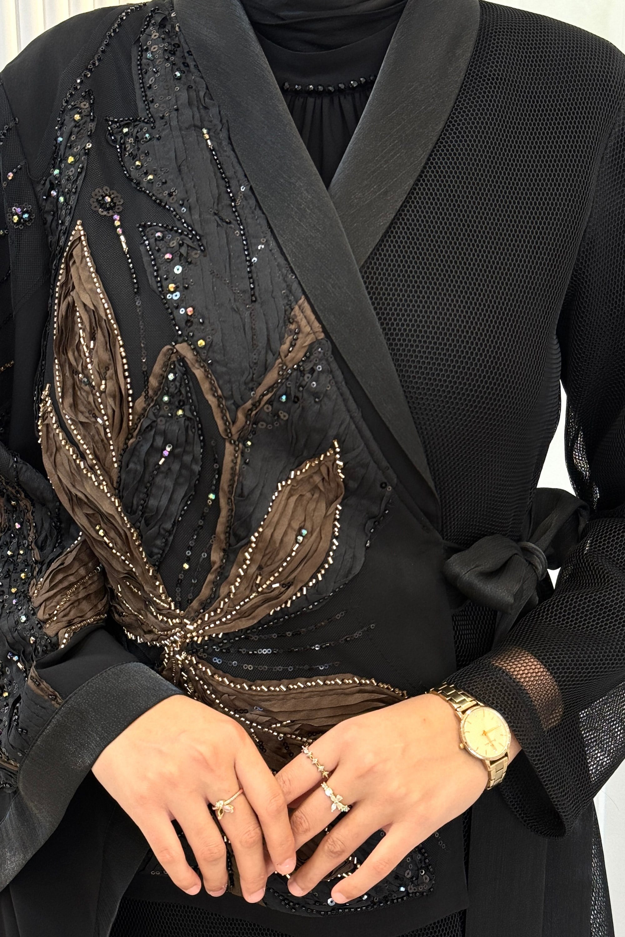 Büyük Beden Çiçek Desenli Taş İşlemeli Abaya Takım Siyah OTW47805