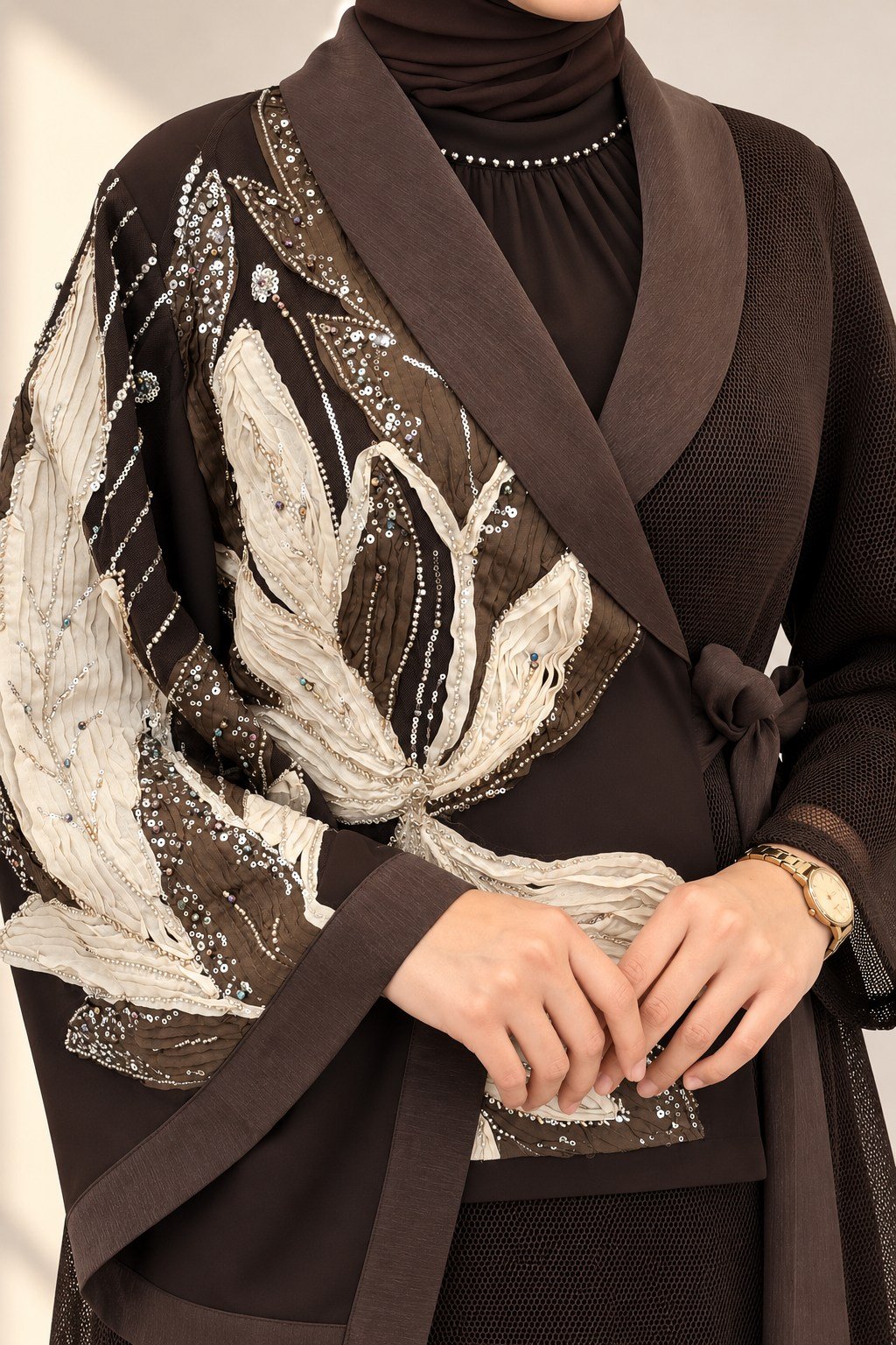 Büyük Beden Çiçek Desenli Taş İşlemeli Abaya Takım Kahve OTW47805