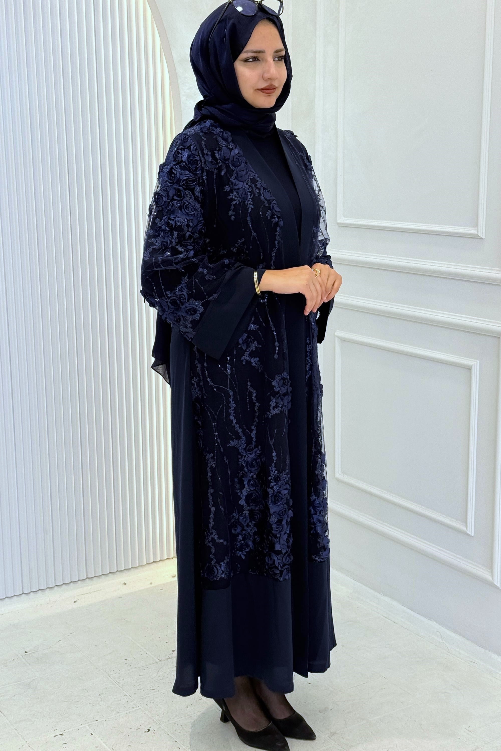 Büyük Beden Çiçek Detaylı Abaya Takım Lacivert OTW3094