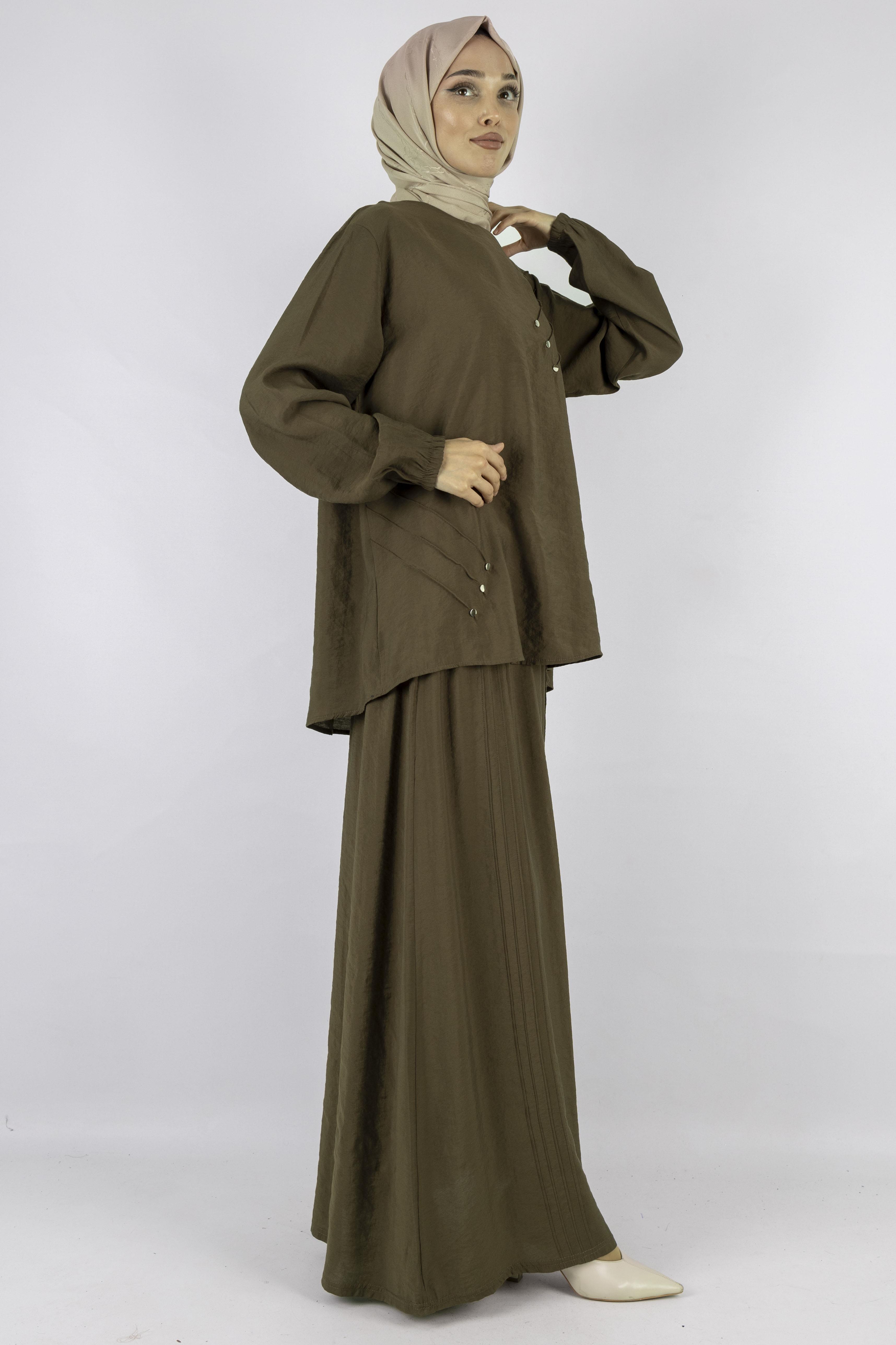 Büyük Beden Çımalı Etekli Takım Kahve OTW489