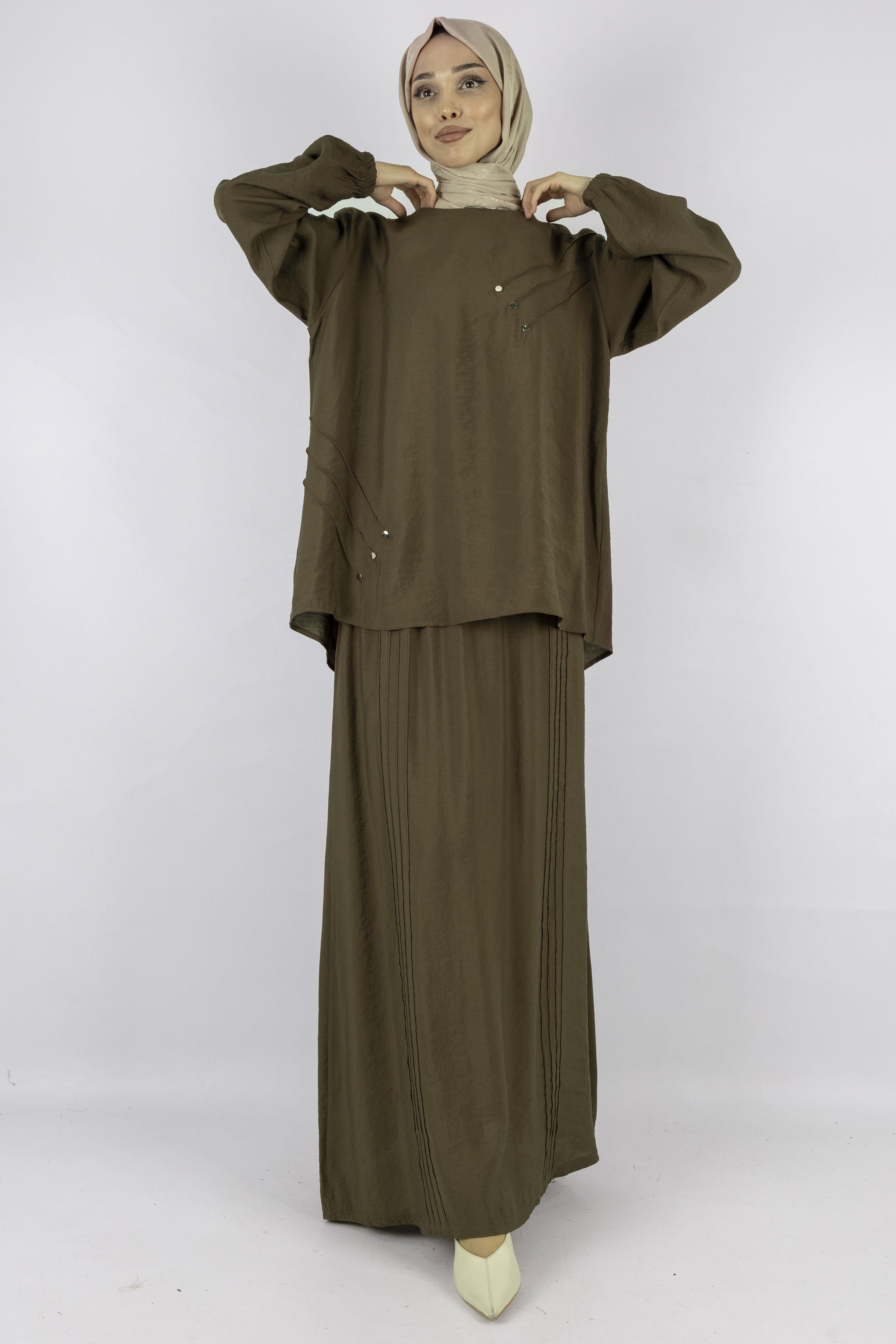 Büyük Beden Çımalı Etekli Takım Kahve OTW489