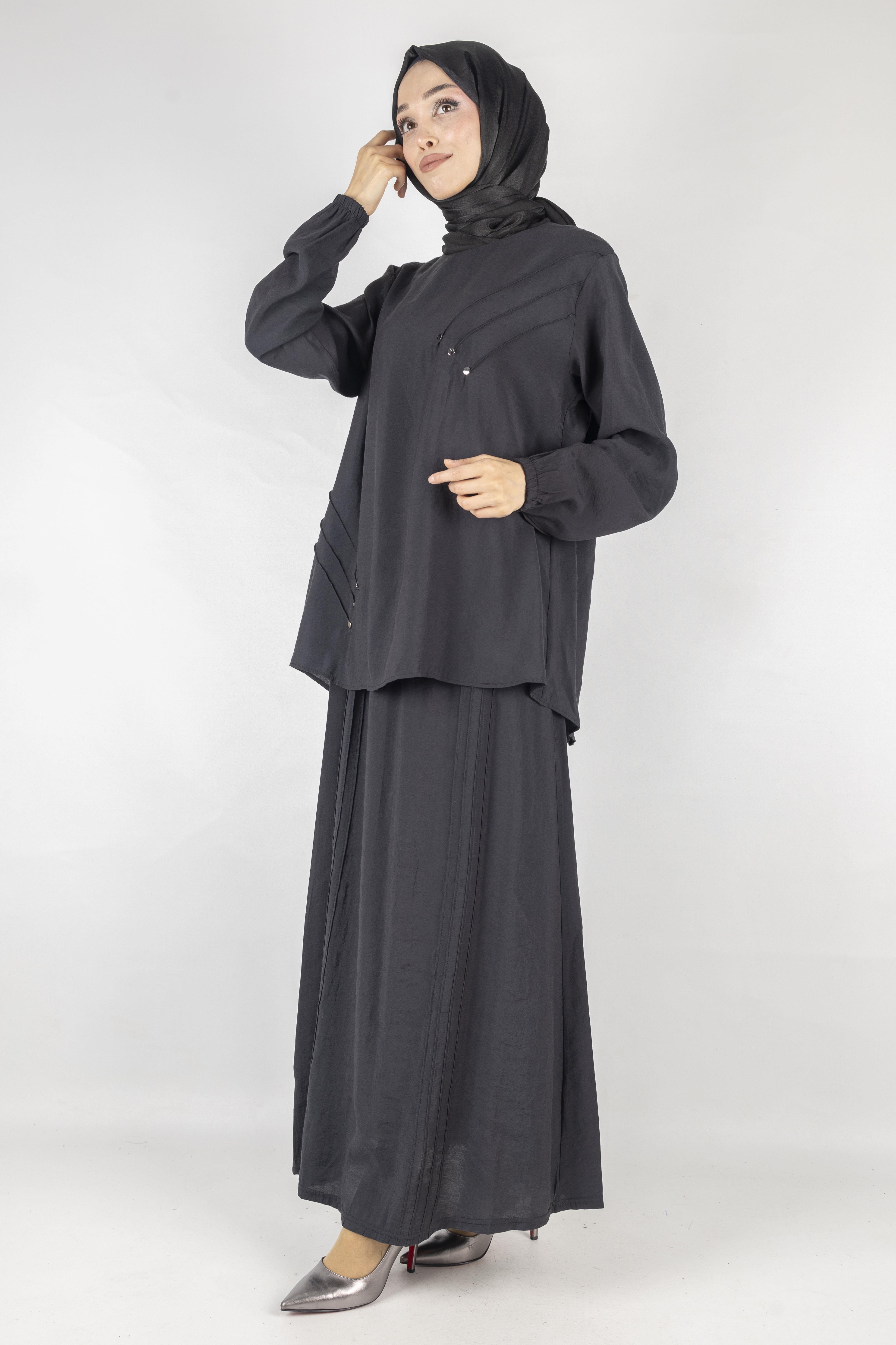 Büyük Beden Çımalı Etekli Takım Siyah OTW489