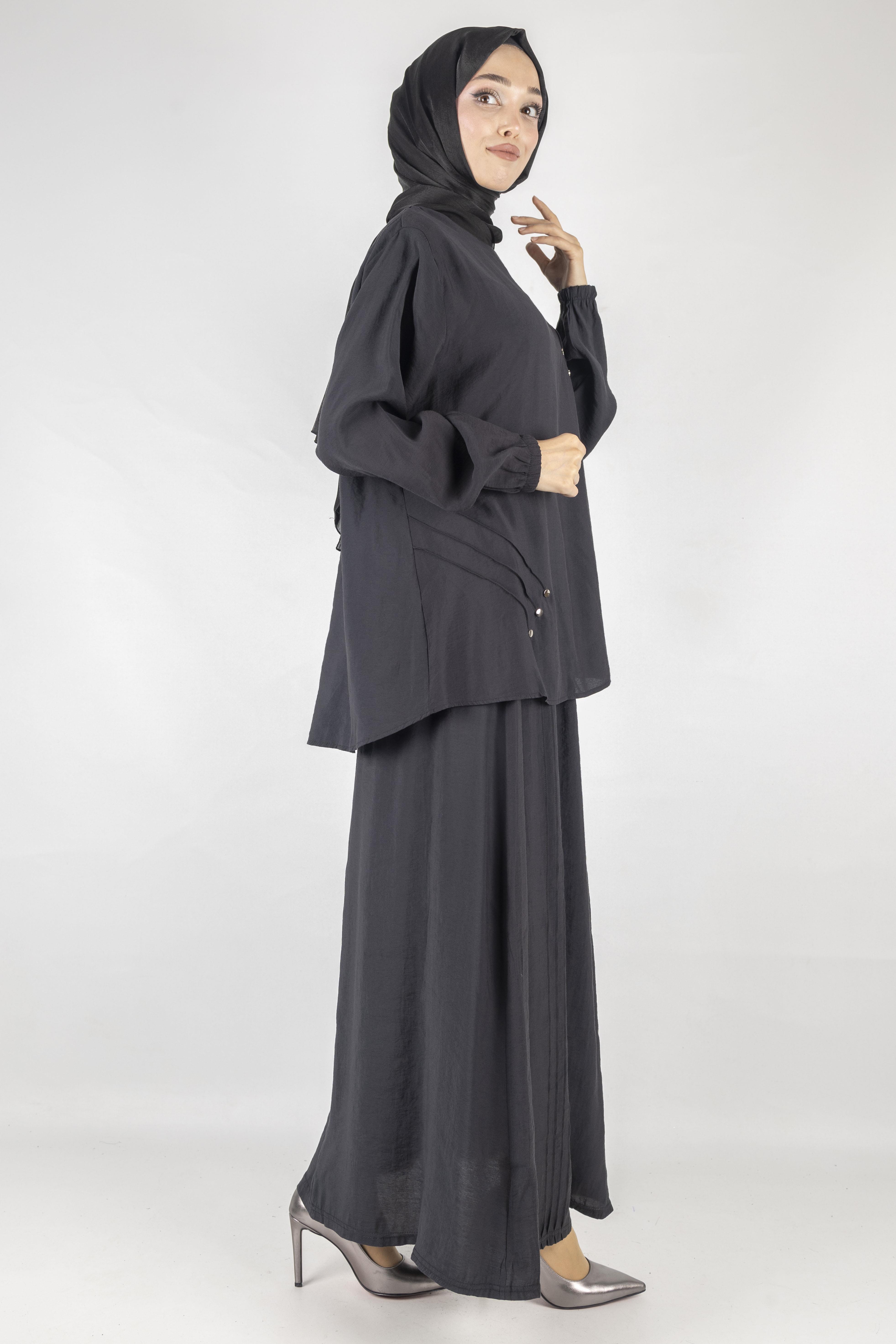 Büyük Beden Çımalı Etekli Takım Siyah OTW489