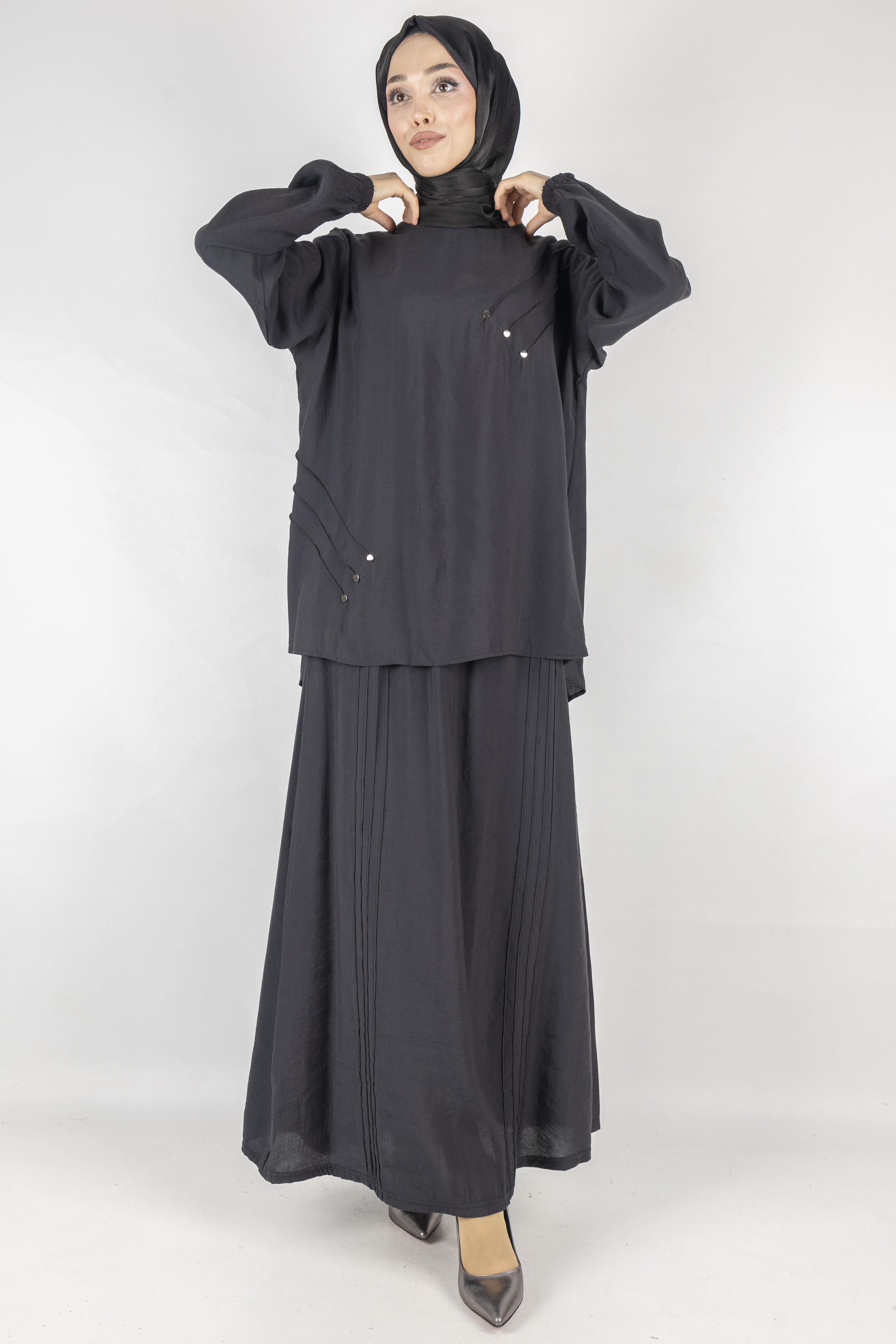 Büyük Beden Çımalı Etekli Takım Siyah OTW489