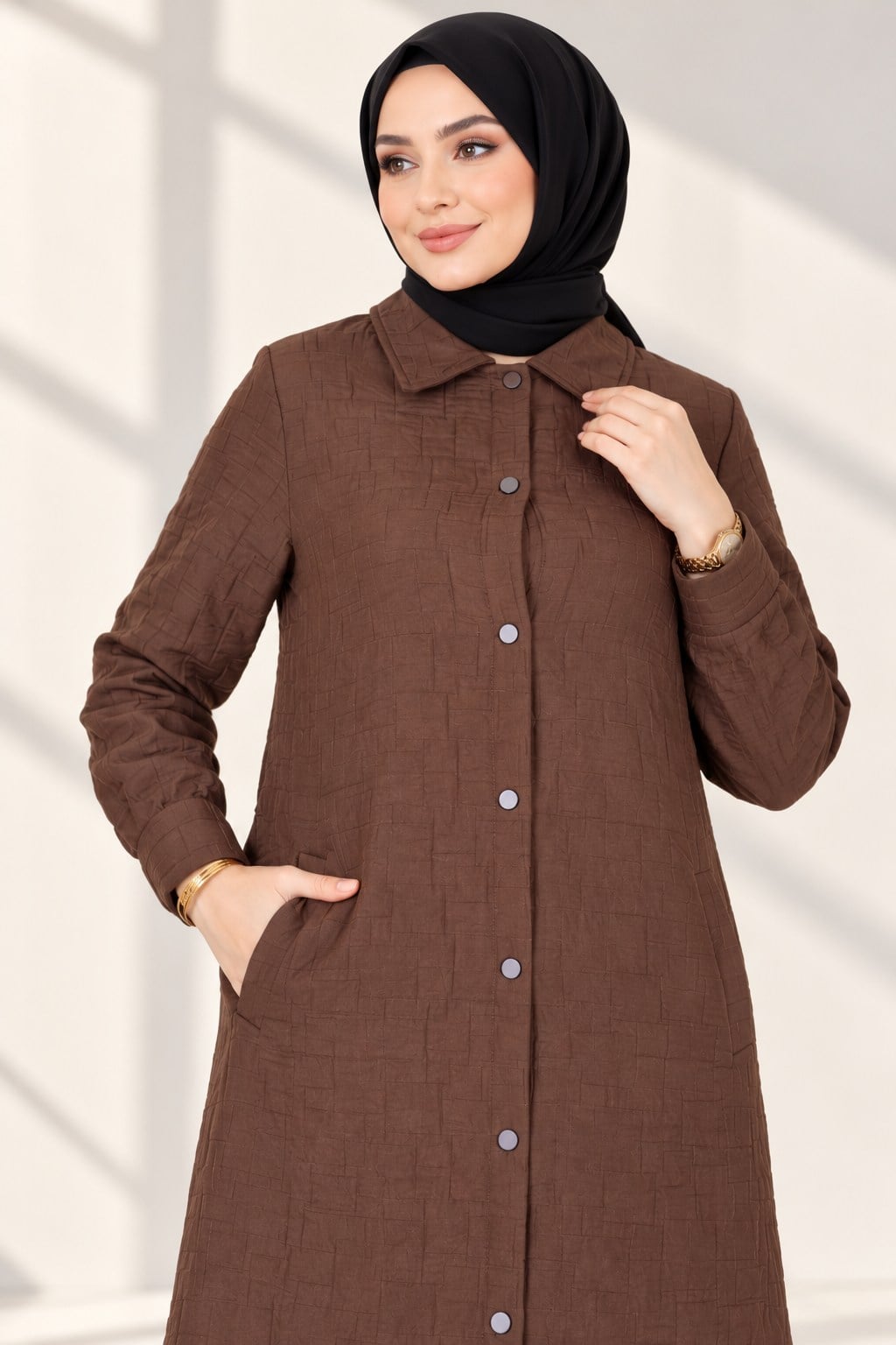 Büyük Beden Çıtçıtlı Kapitone Uzun Ferace Kahve OTW5190