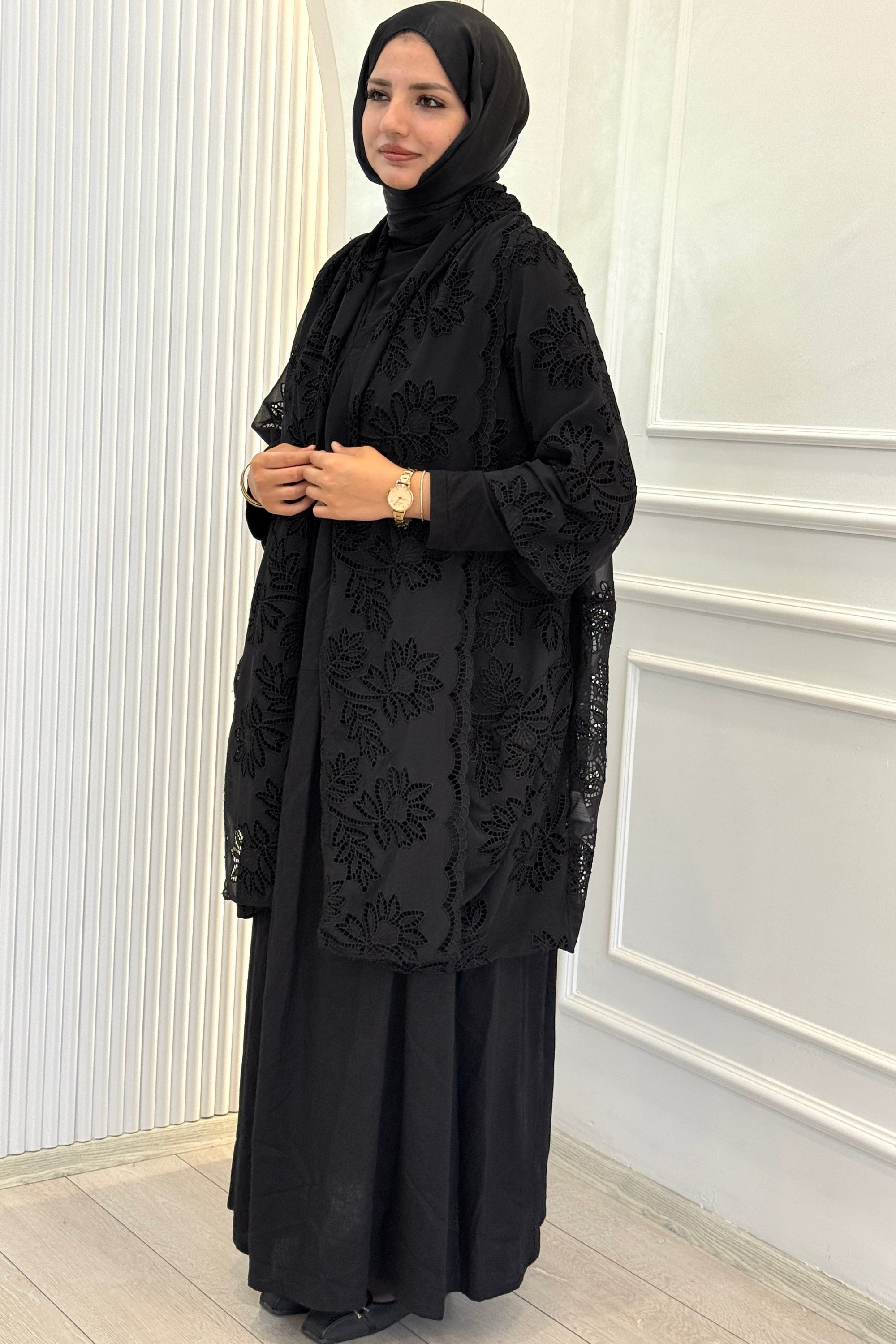 Büyük Beden Dantel Kimono Elbise Takım Siyah OTW9770