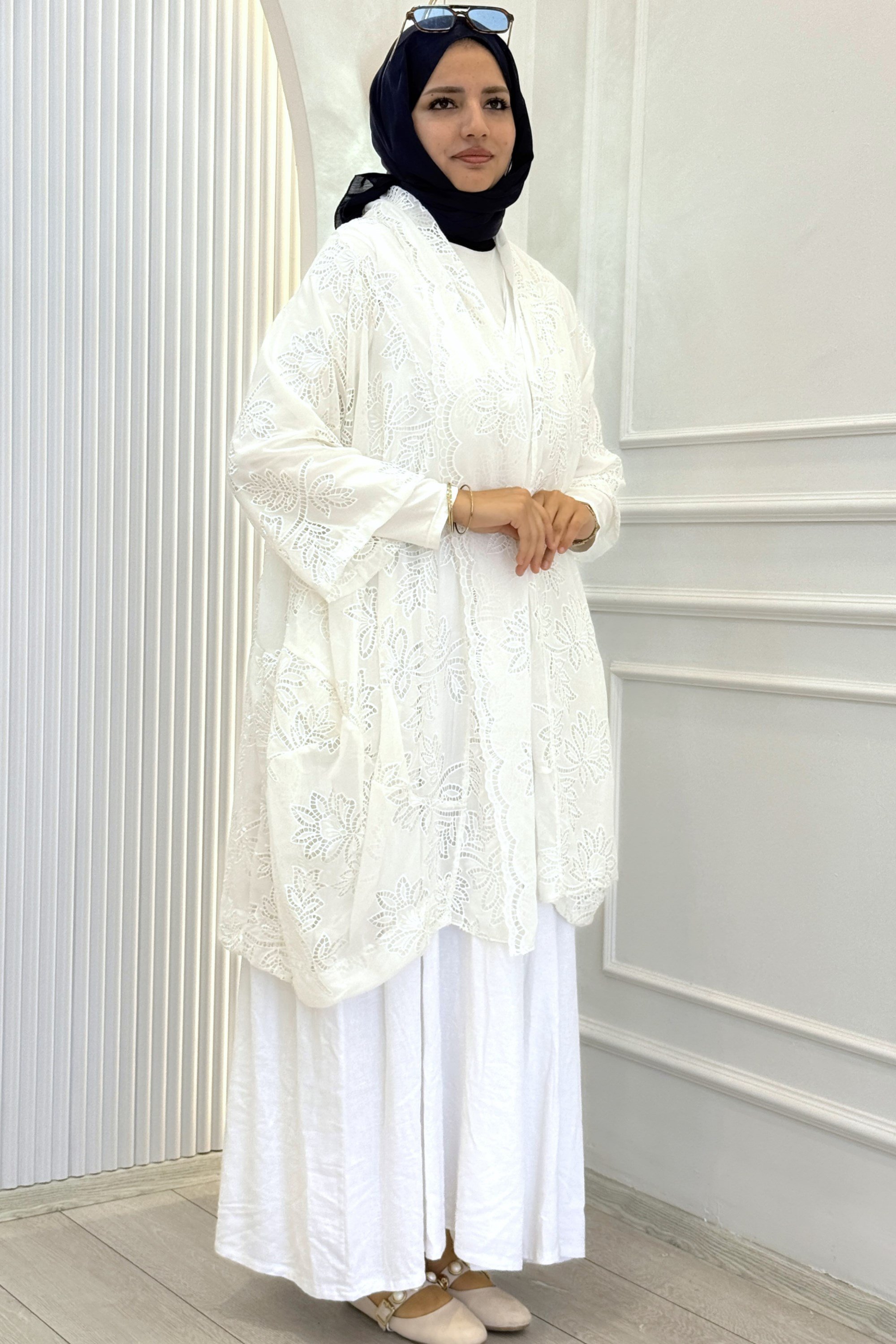 Büyük Beden Dantel Kimono Elbise Takım Beyaz OTW9770