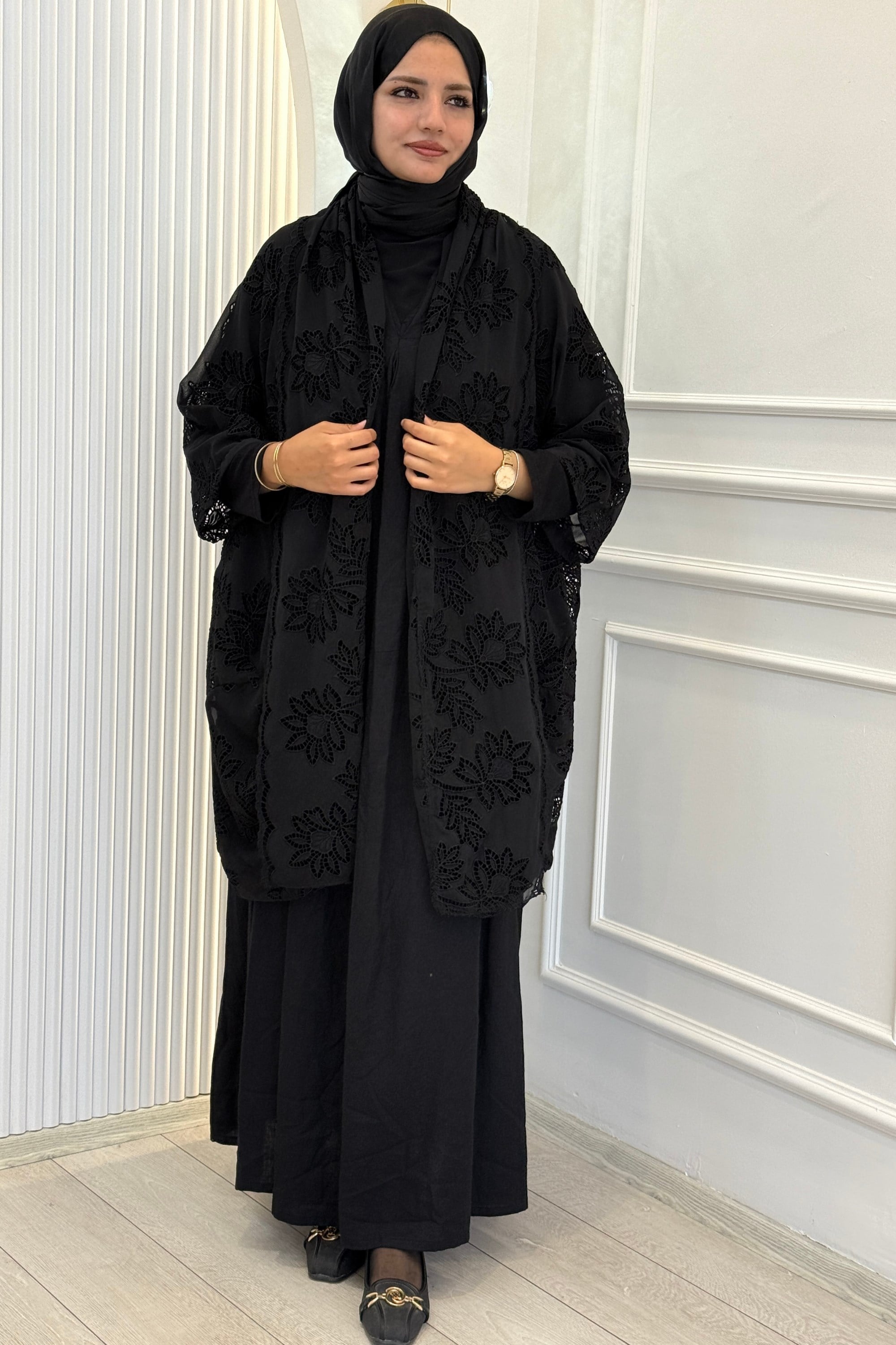 Büyük Beden Dantel Kimono Elbise Takım Siyah OTW9770