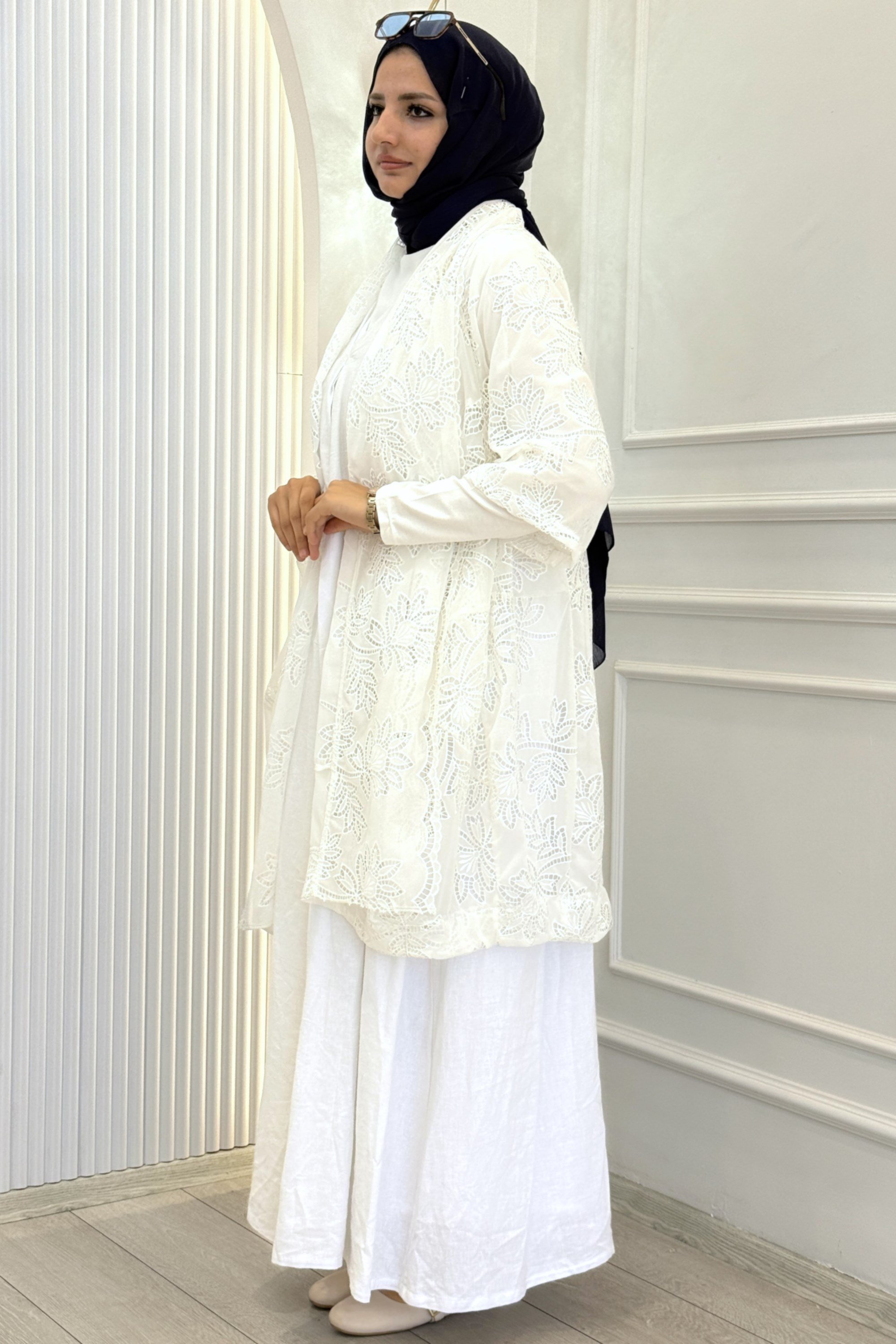 Büyük Beden Dantel Kimono Elbise Takım Beyaz OTW9770