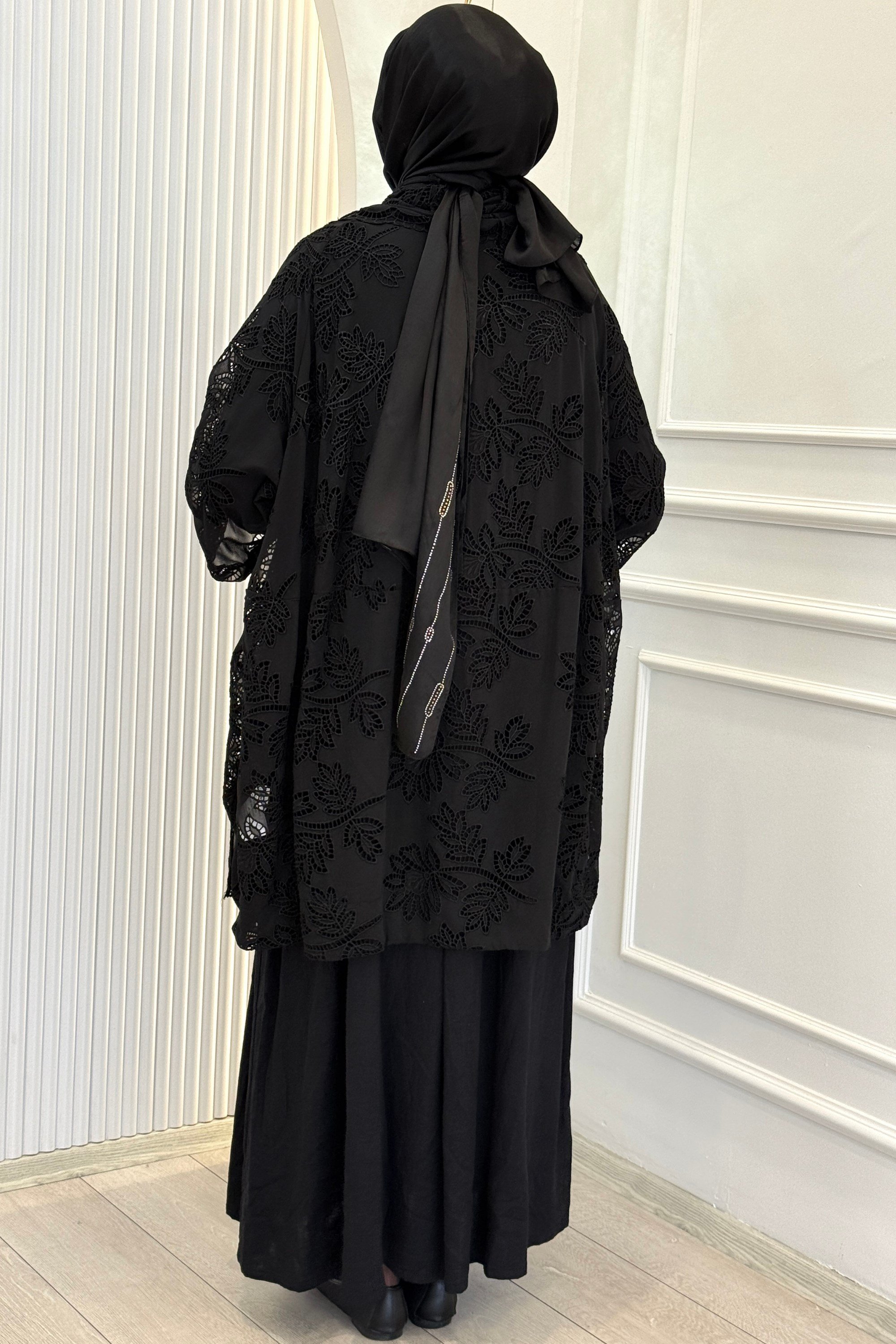 Büyük Beden Dantel Kimono Elbise Takım Siyah OTW9770