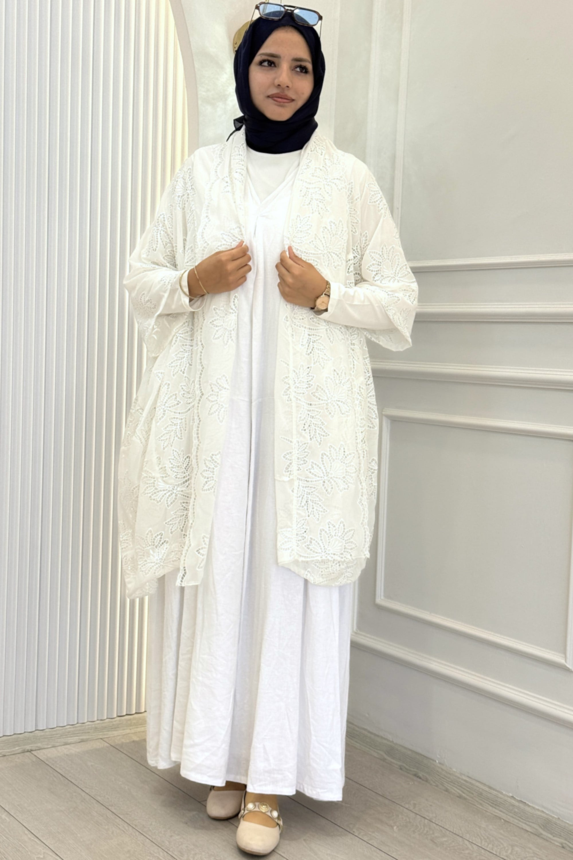 Büyük Beden Dantel Kimono Elbise Takım Beyaz OTW9770