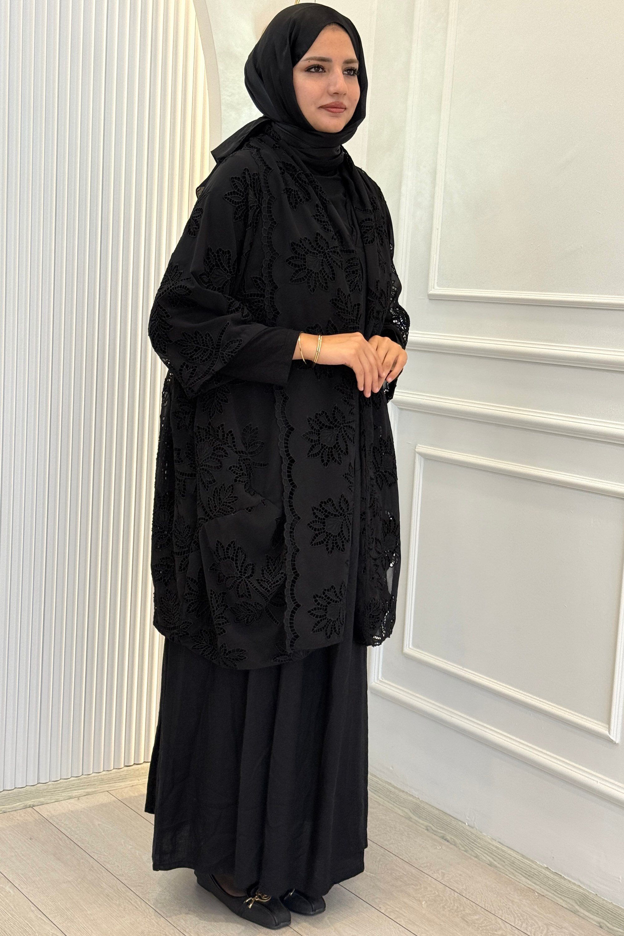 Büyük Beden Dantel Kimono Elbise Takım Siyah OTW9770