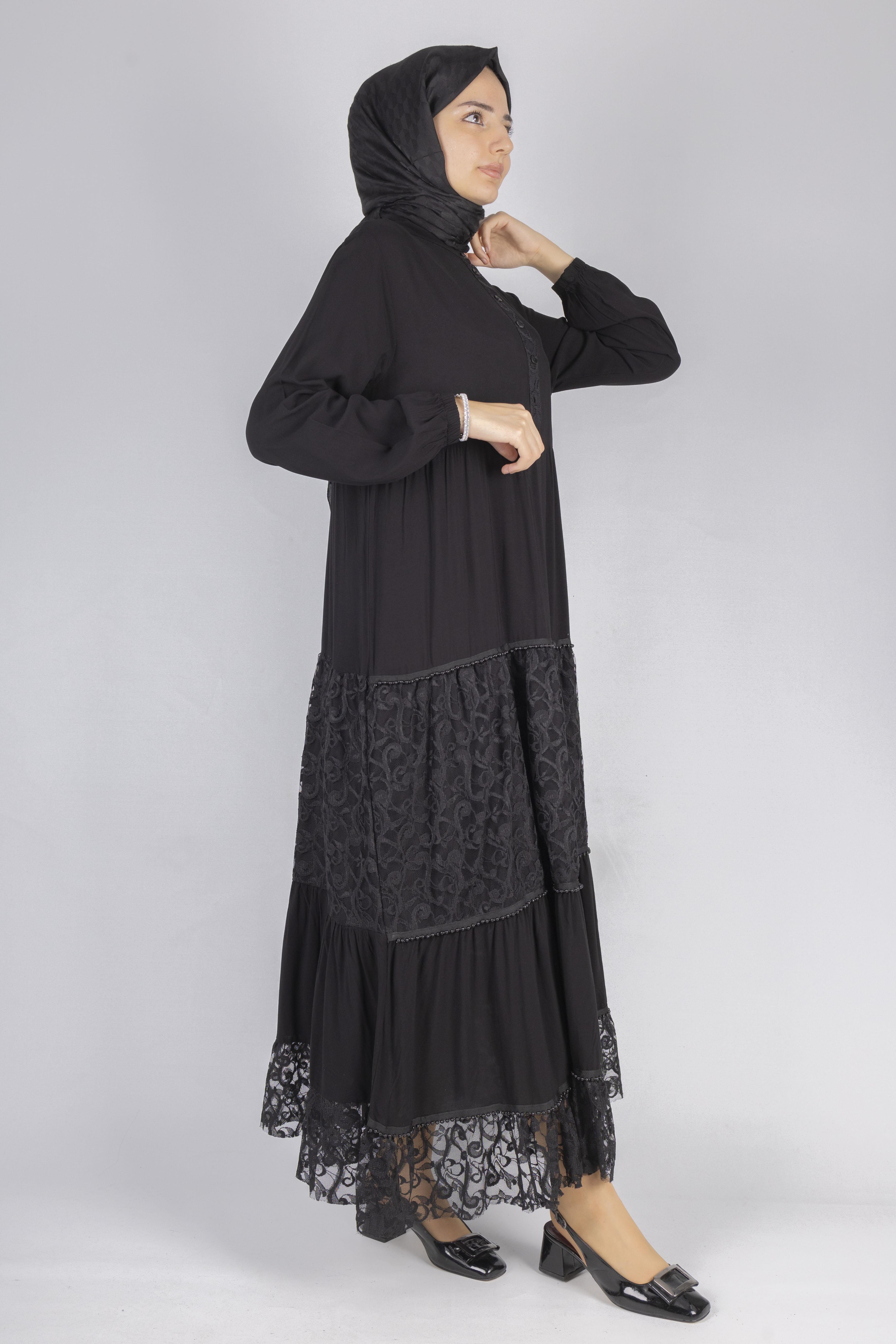 Büyük Beden Dantelli Viskon Elbise Siyah OTW480