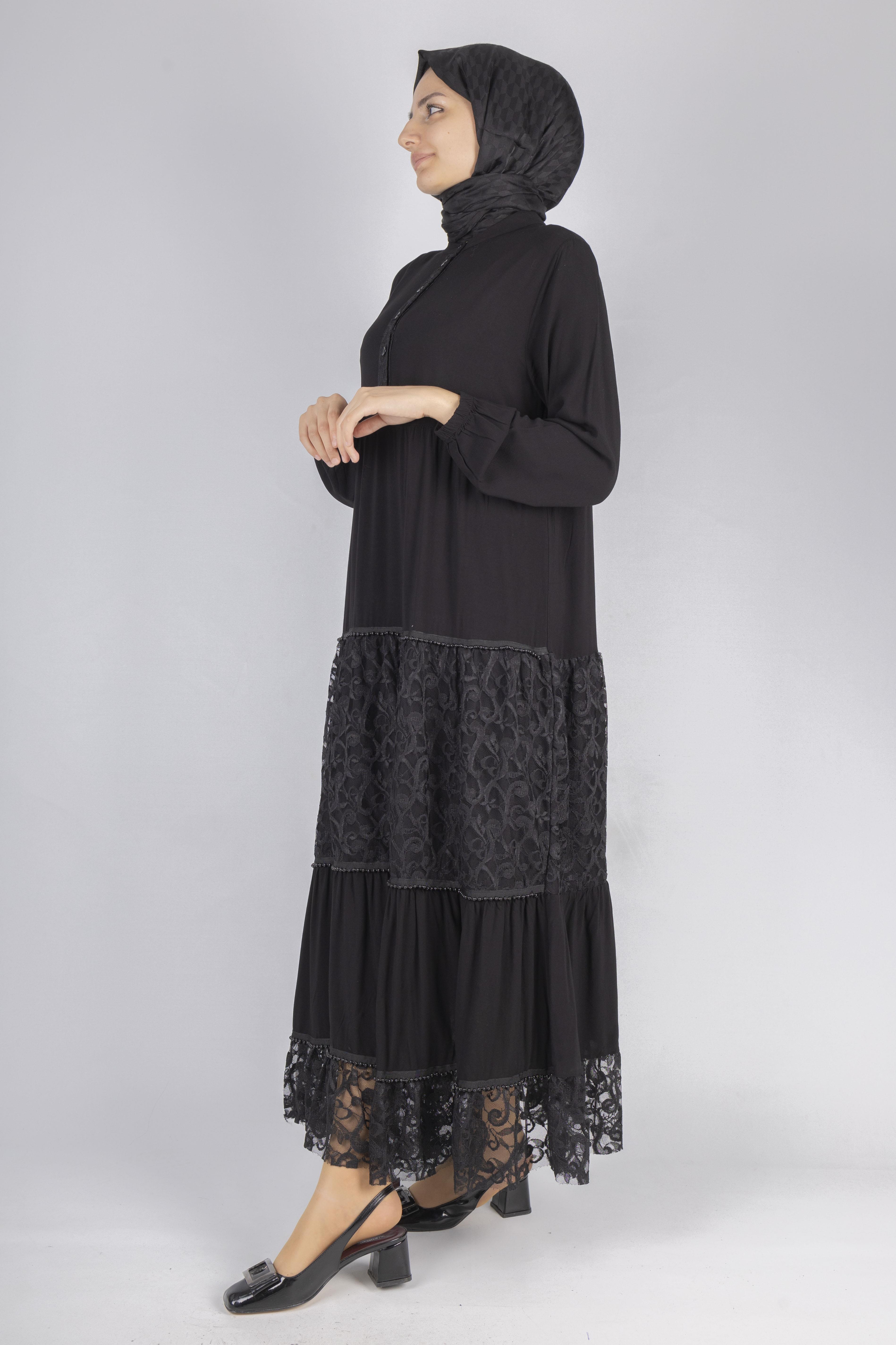 Büyük Beden Dantelli Viskon Elbise Siyah OTW480