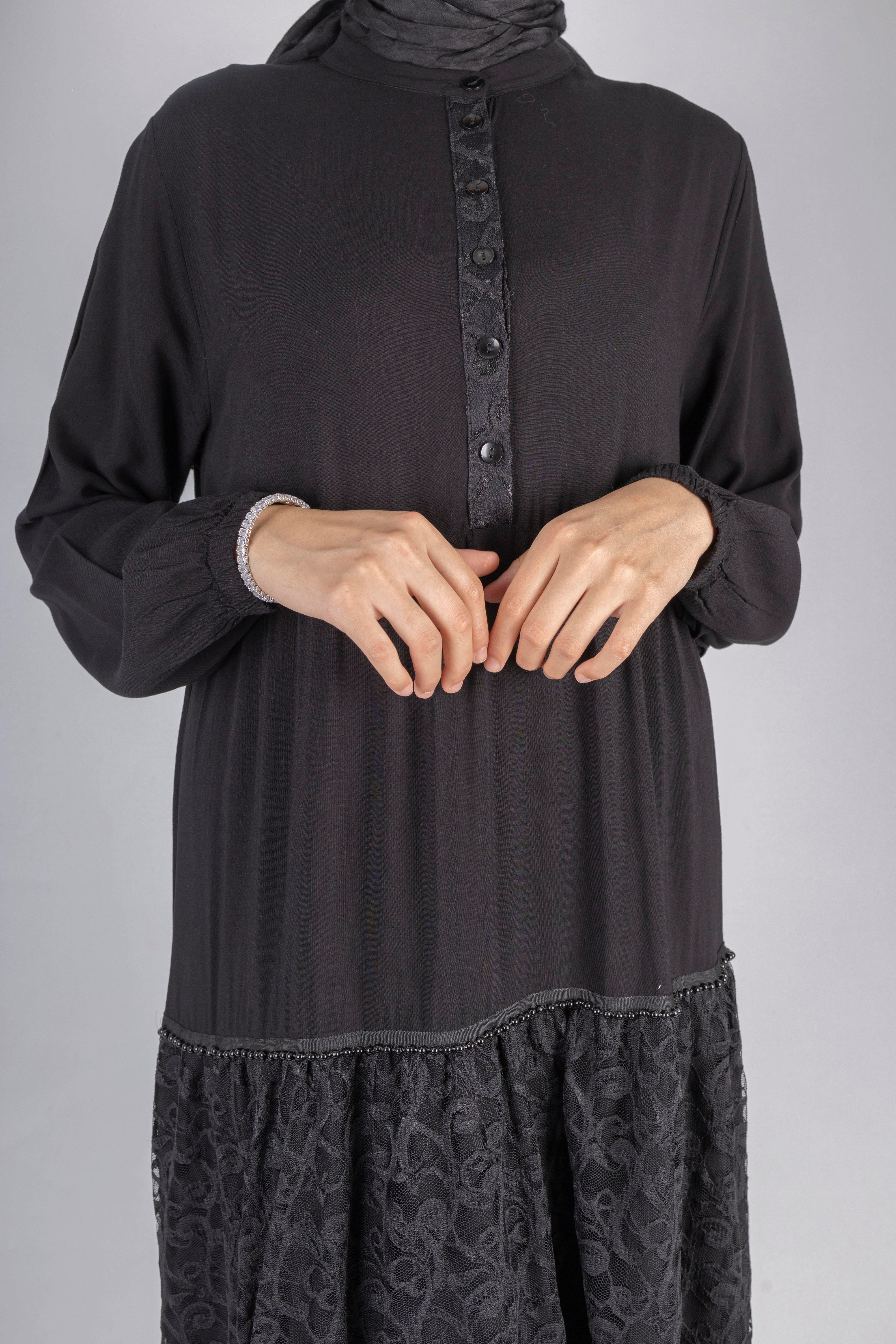 Büyük Beden Dantelli Viskon Elbise Siyah OTW480