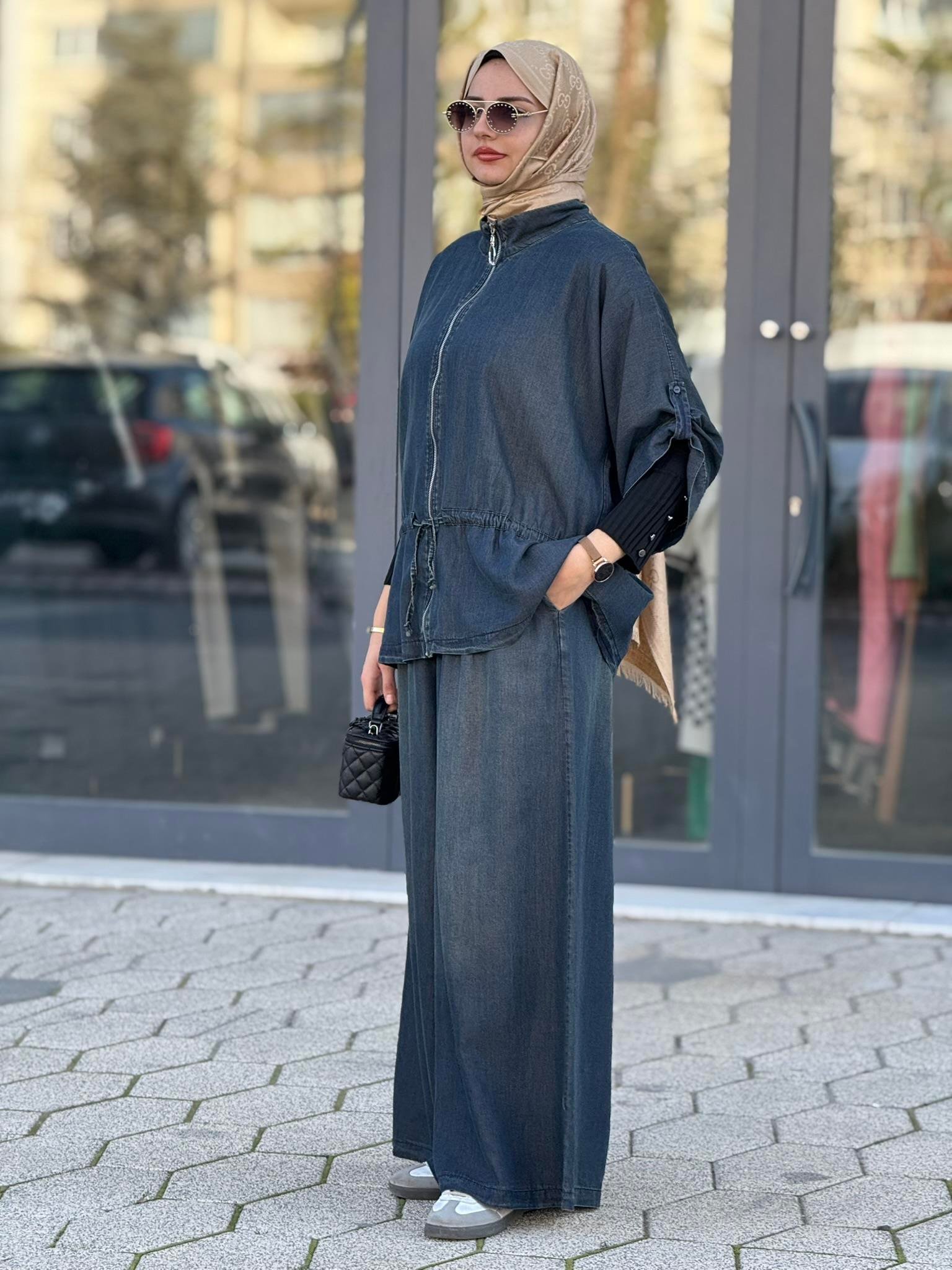 Büyük Beden Denim Tensel Takım Kot Mavi OTW8961