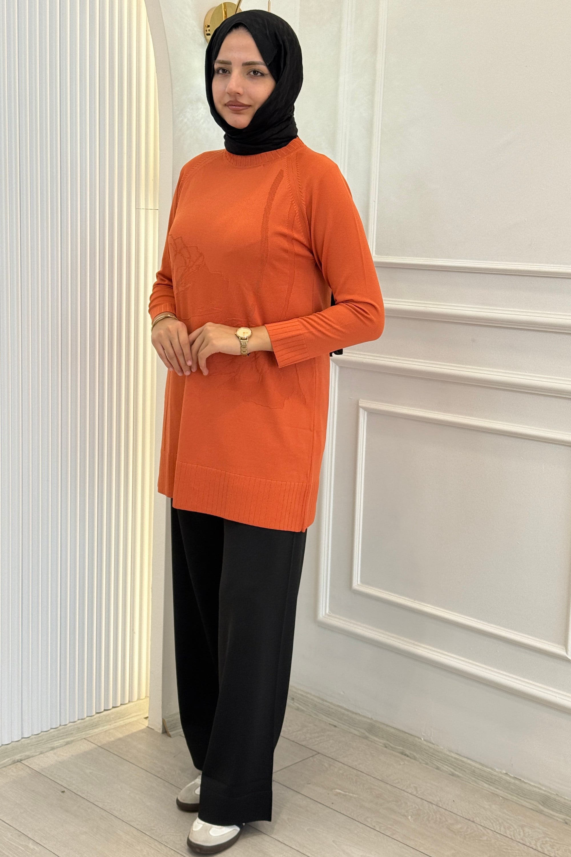 Büyük Beden Desen Detaylı Uzun Triko Tunik Turuncu OTW36242