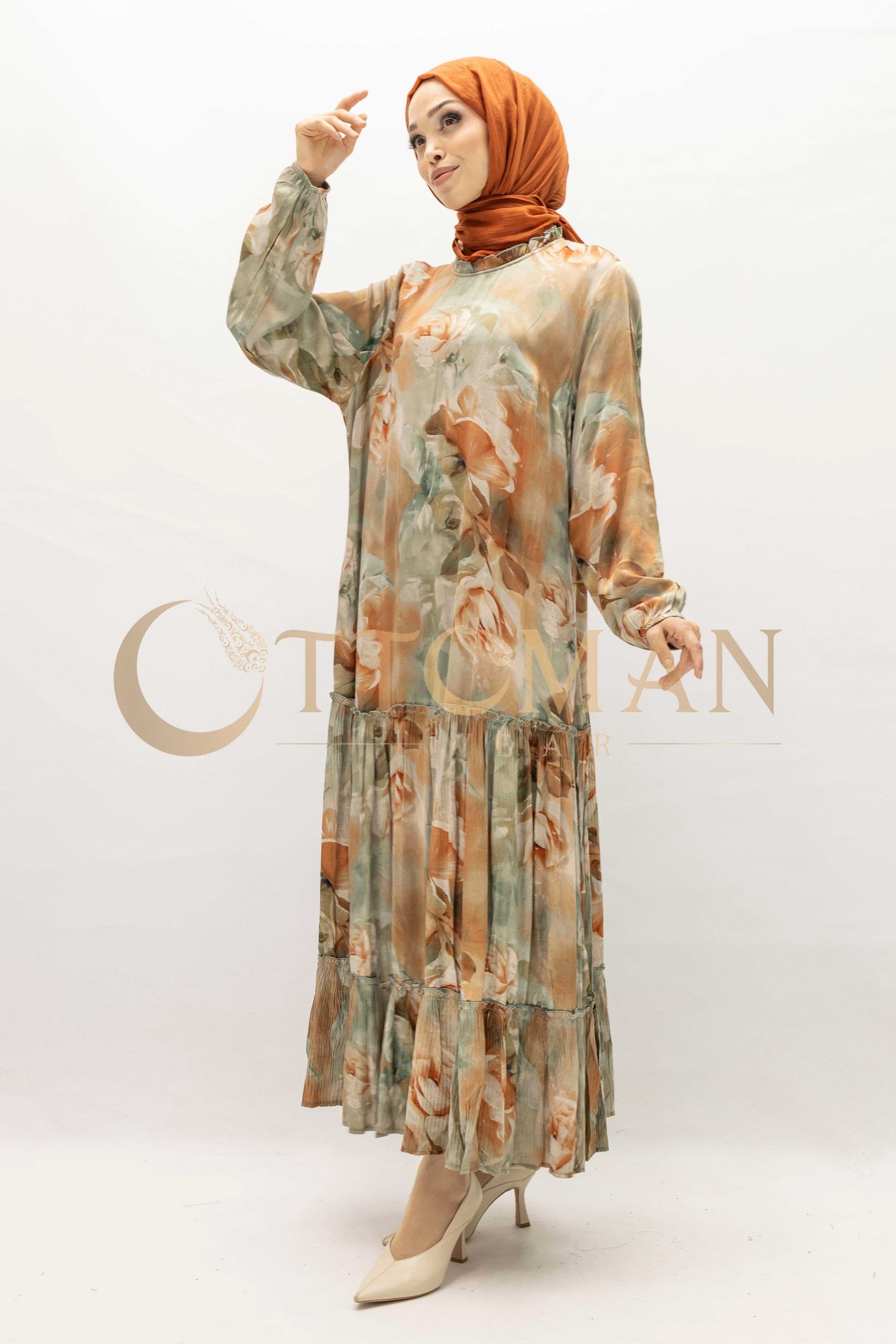 Büyük Beden  Desenli Cupra İpek Elbise Bej OTW5826