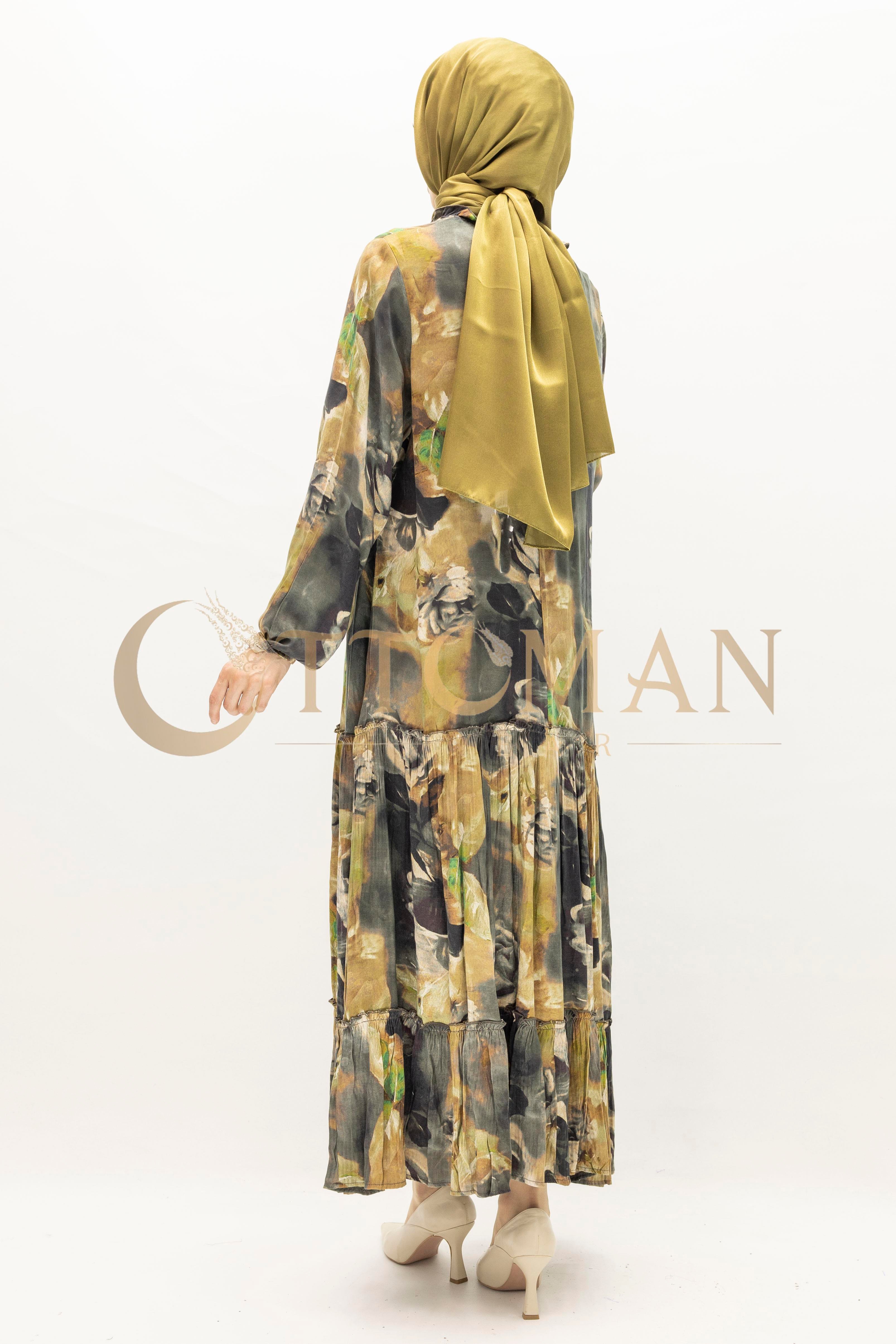 Büyük Beden  Desenli Cupra İpek Elbise Siyah OTW5826