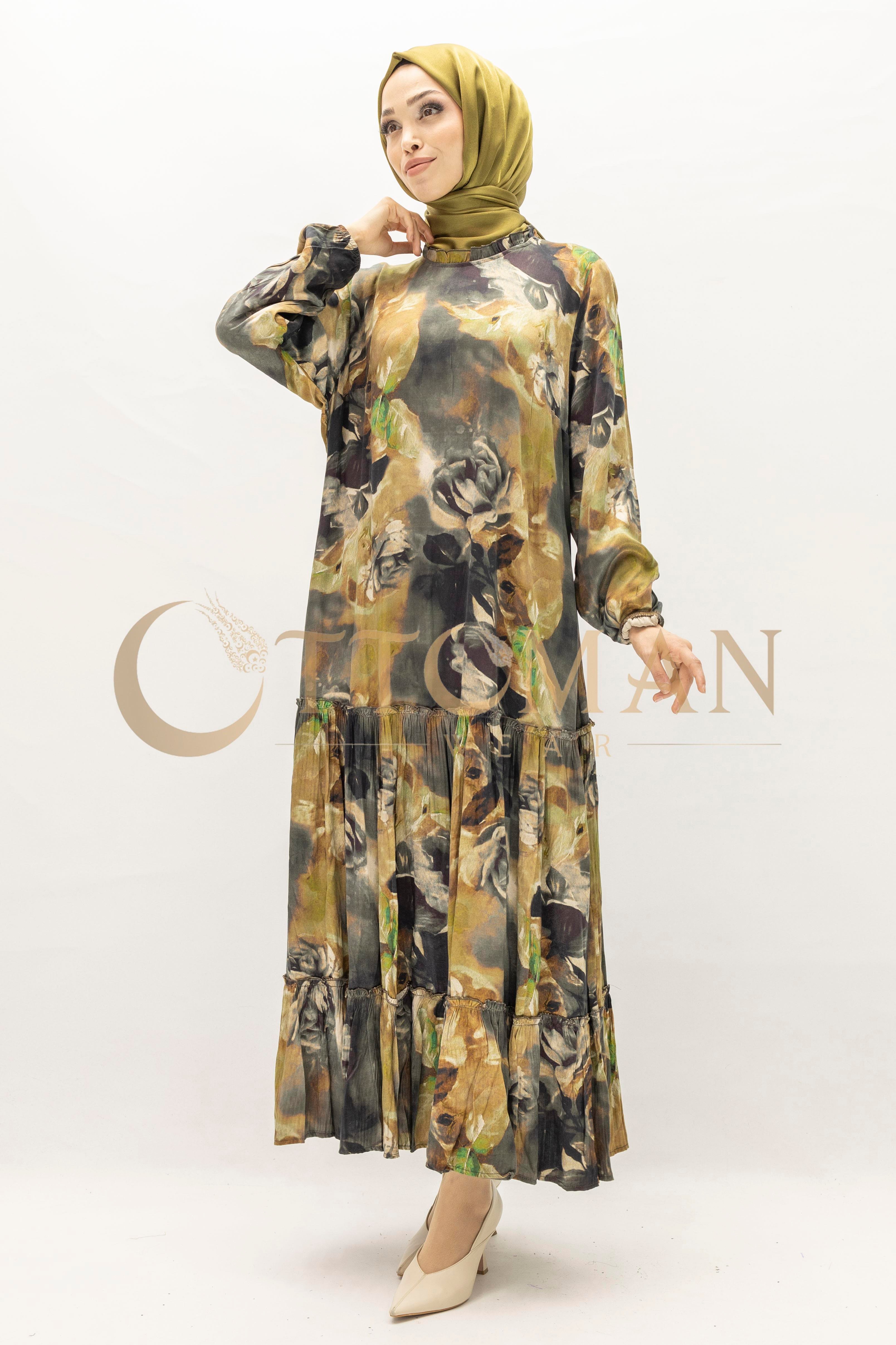 Büyük Beden  Desenli Cupra İpek Elbise Siyah OTW5826