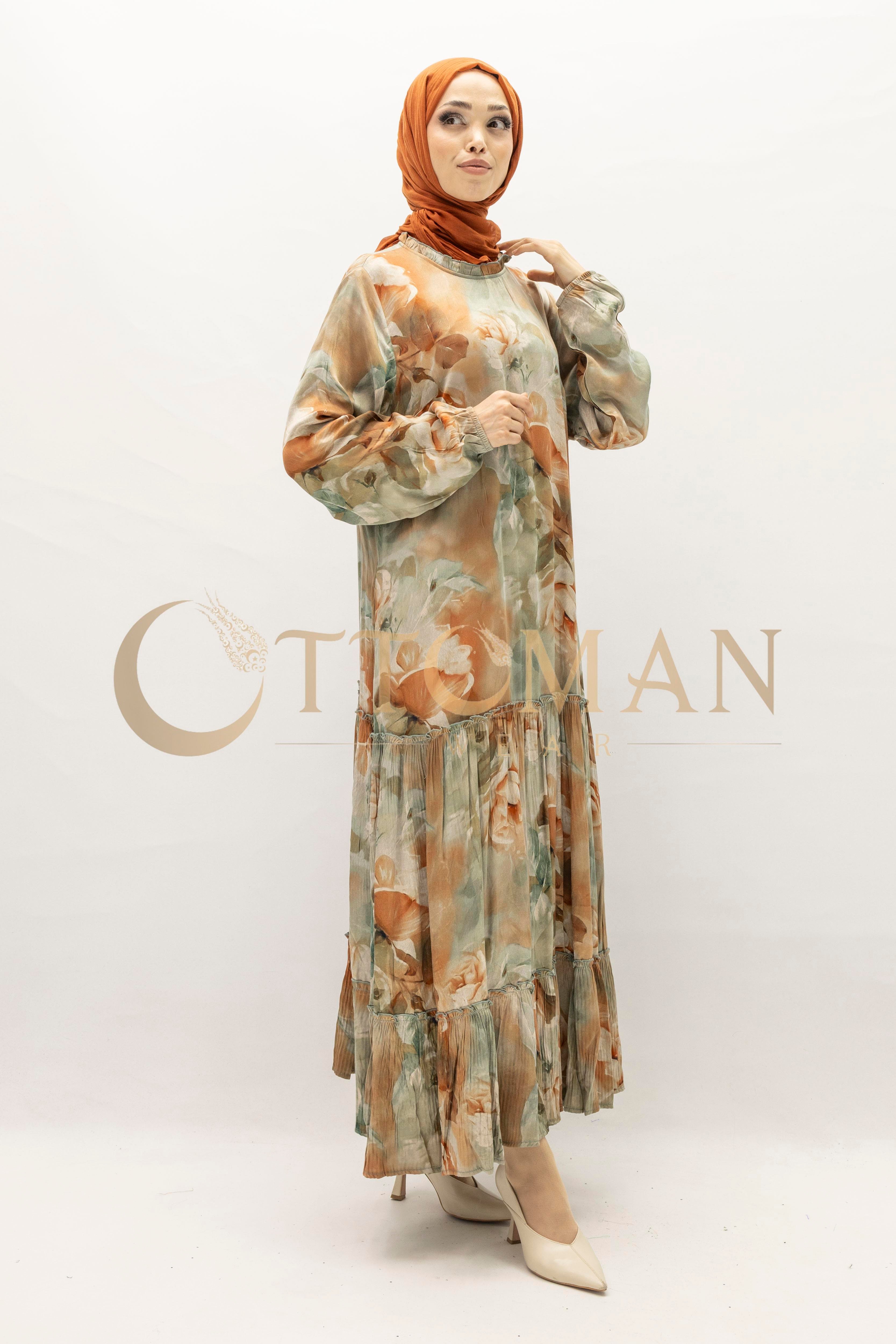 Büyük Beden  Desenli Cupra İpek Elbise Bej OTW5826