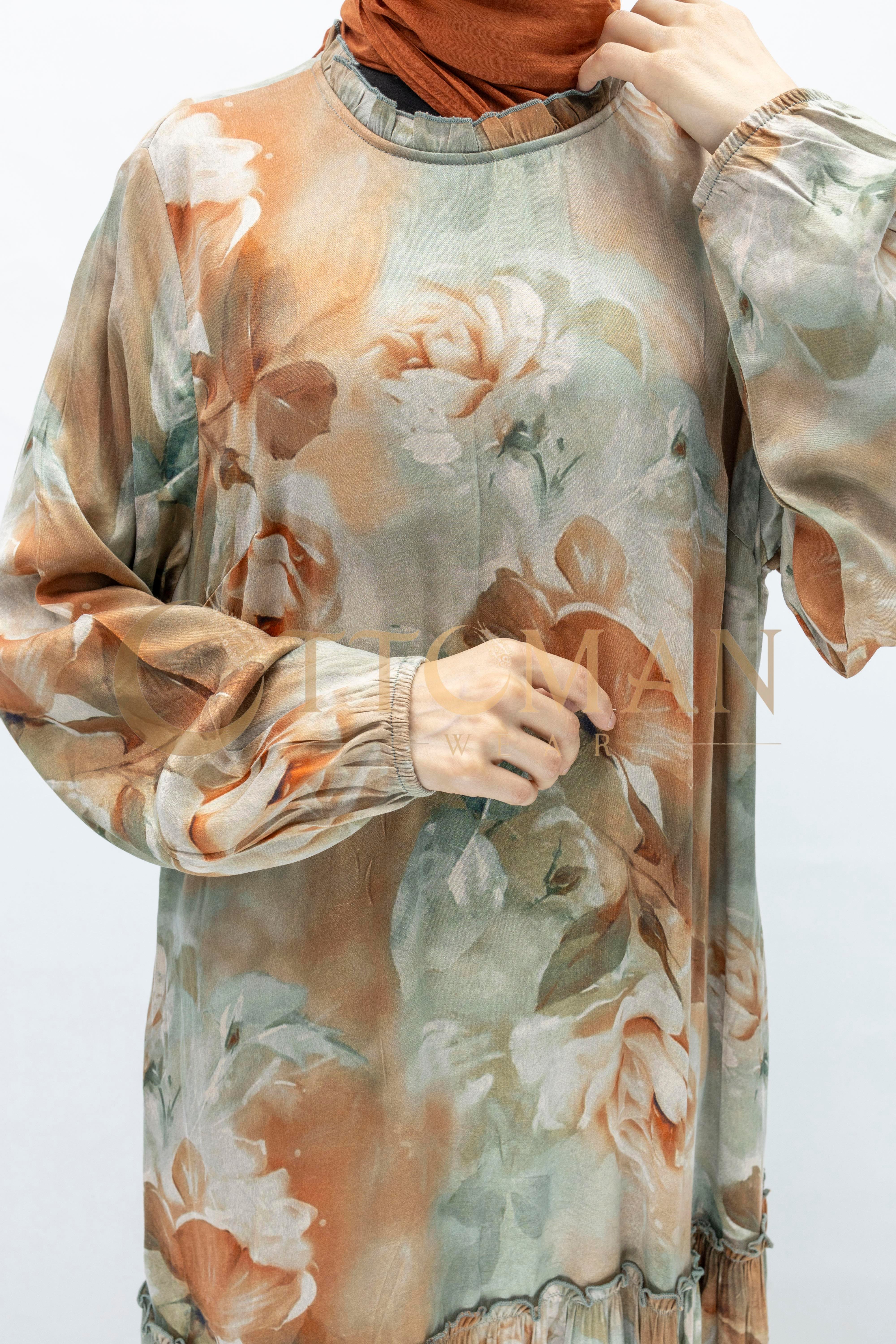 Büyük Beden  Desenli Cupra İpek Elbise Bej OTW5826