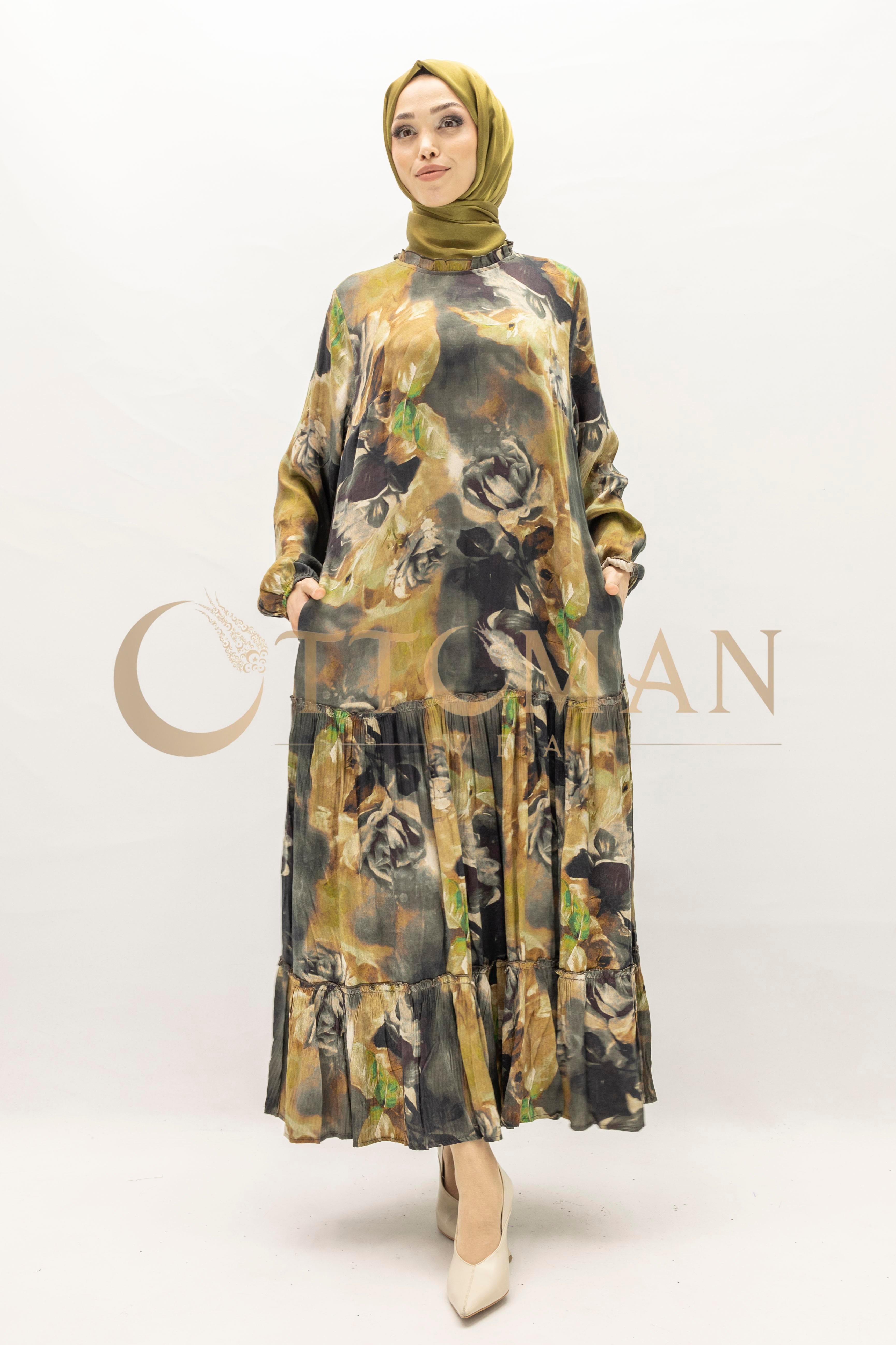 Büyük Beden  Desenli Cupra İpek Elbise Siyah OTW5826