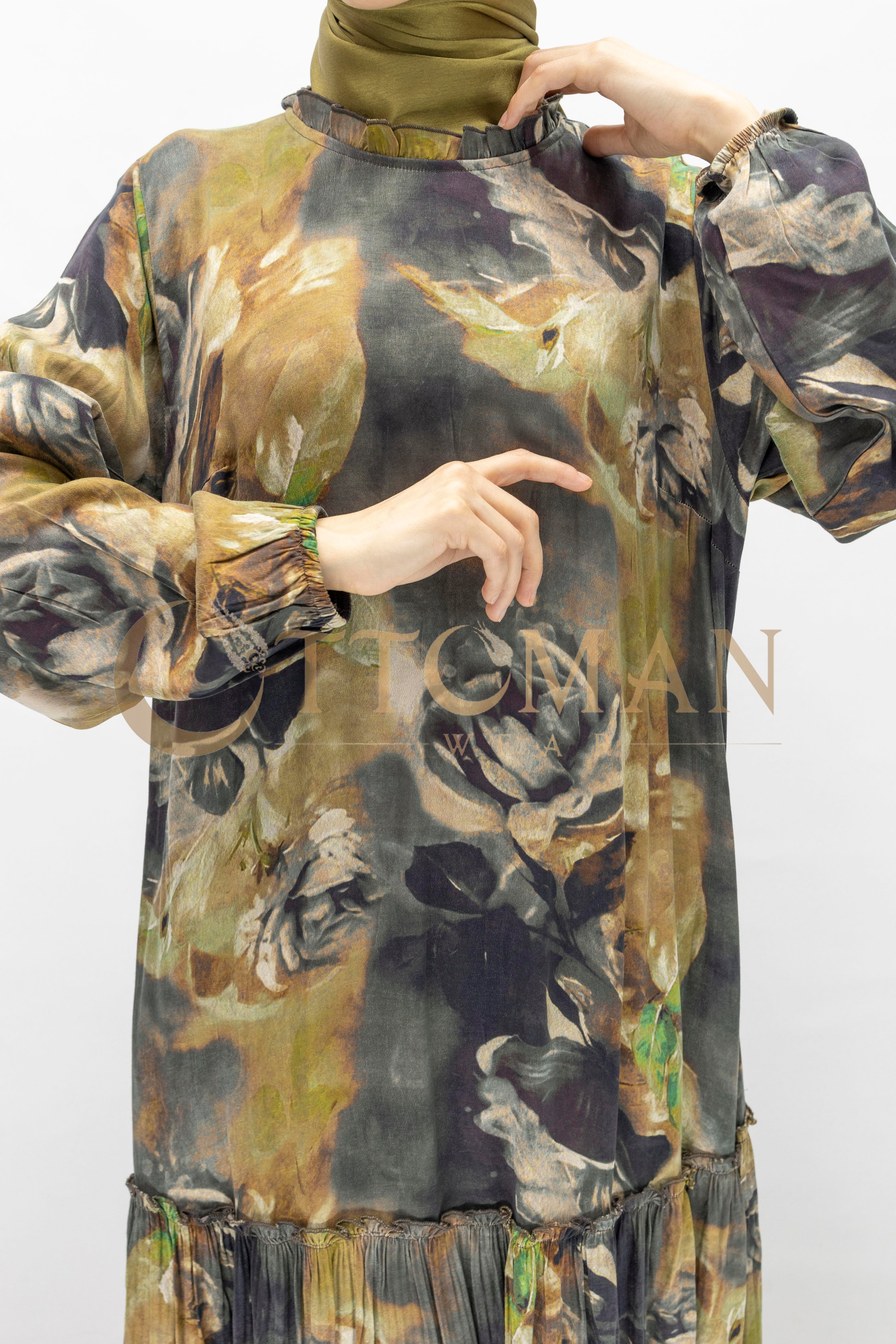 Büyük Beden  Desenli Cupra İpek Elbise Siyah OTW5826