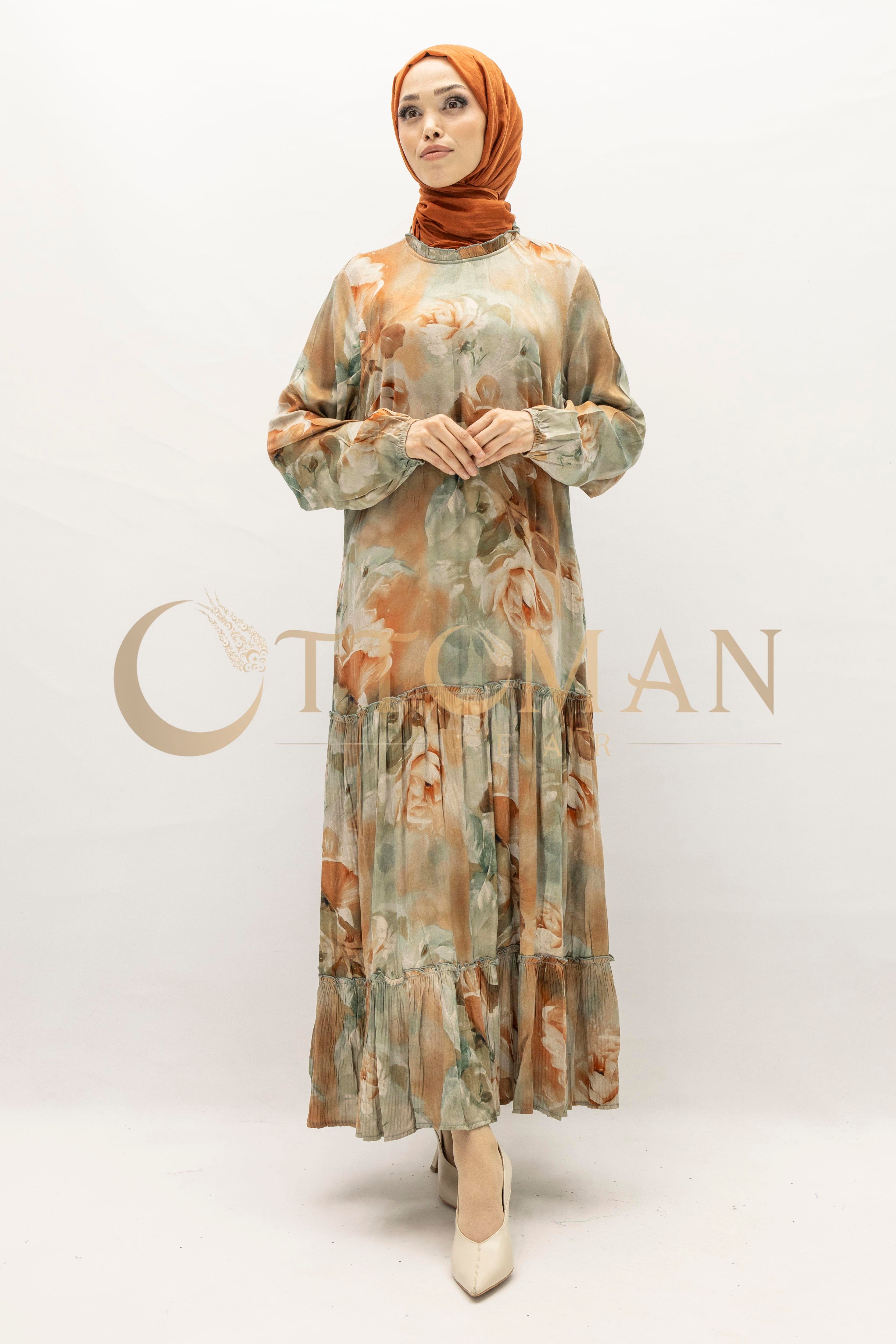 Büyük Beden  Desenli Cupra İpek Elbise Bej OTW5826