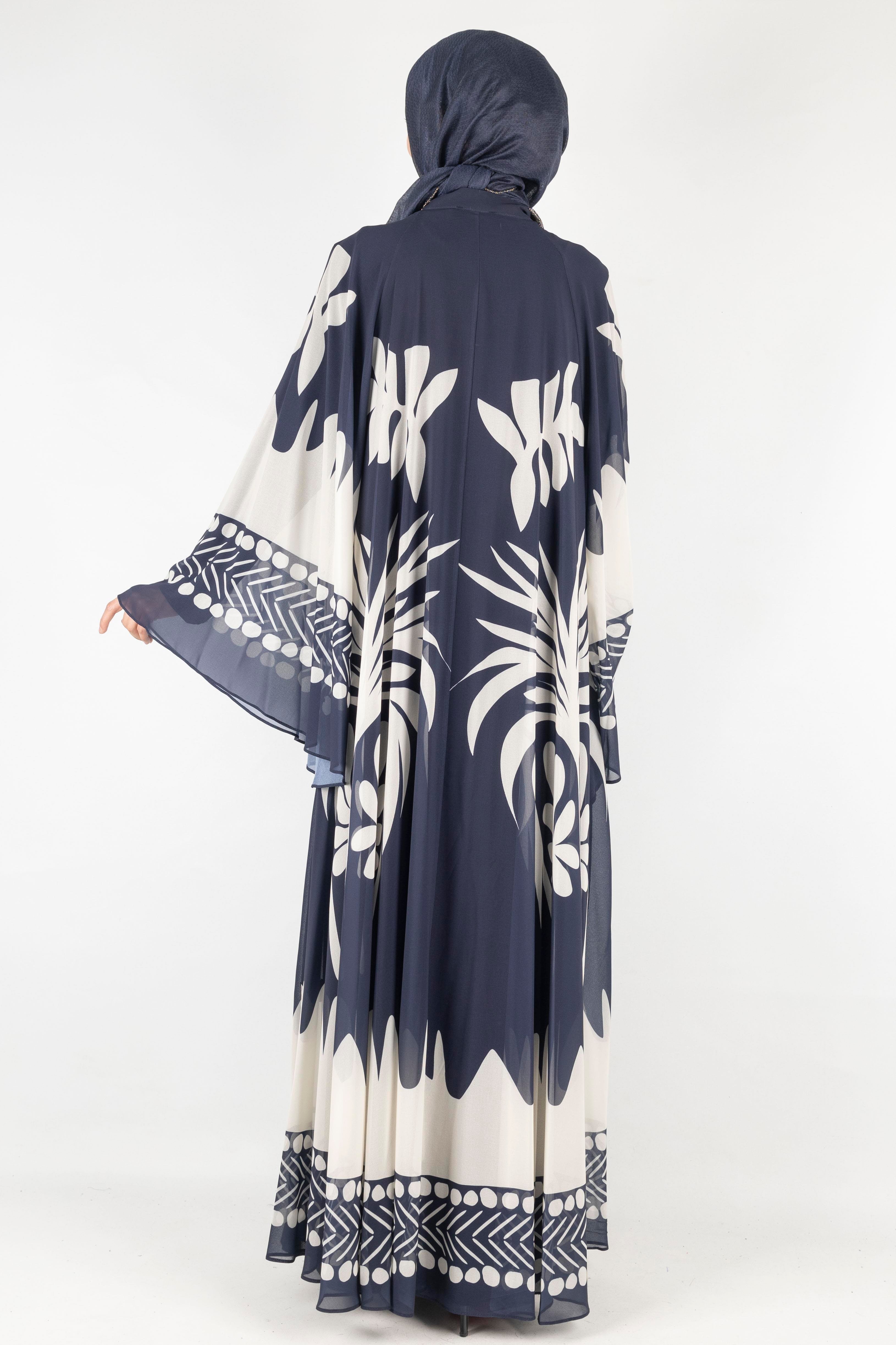 Büyük Beden  Desenli Şifon Elbise Lacivert OTW247