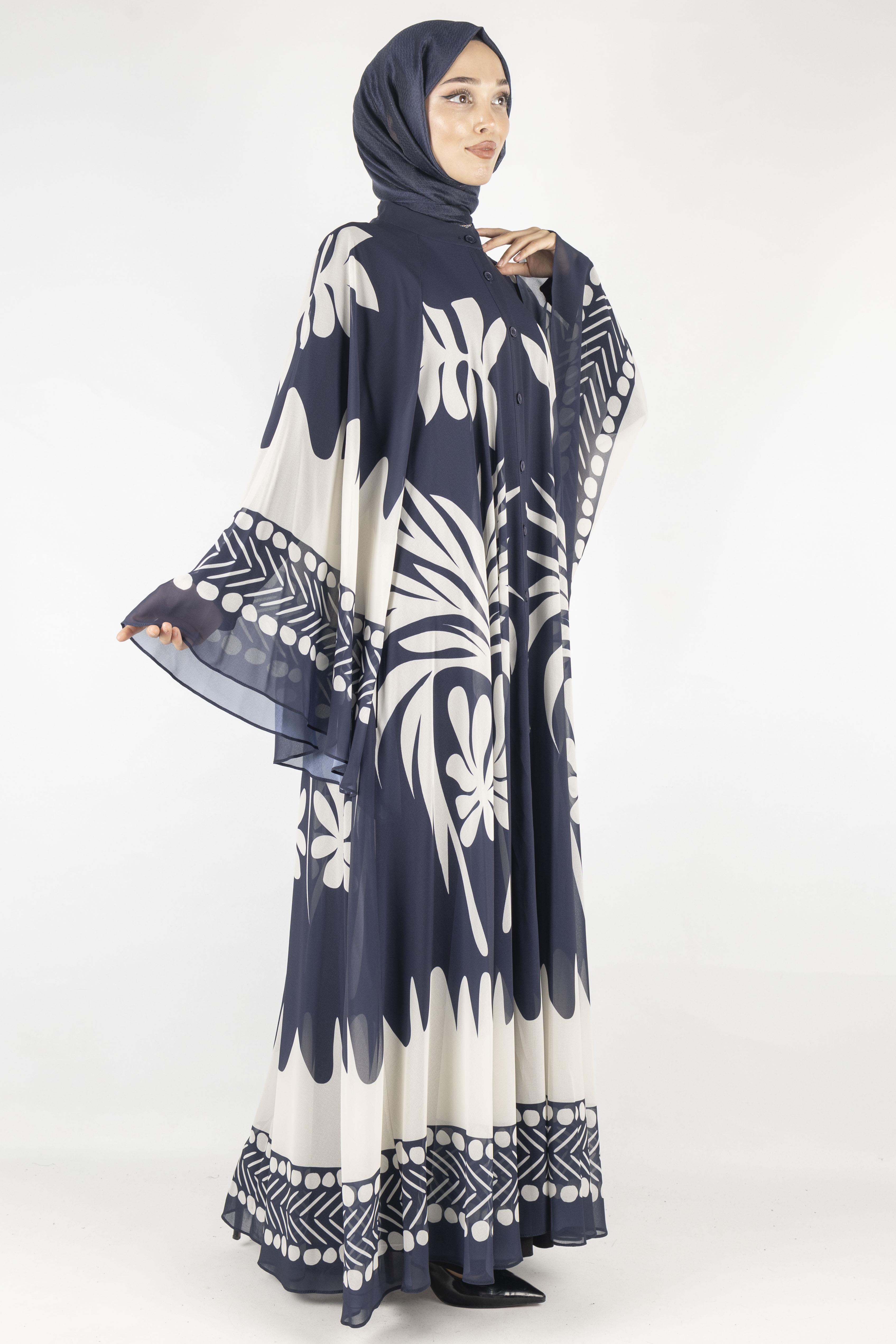 Büyük Beden  Desenli Şifon Elbise Lacivert OTW247