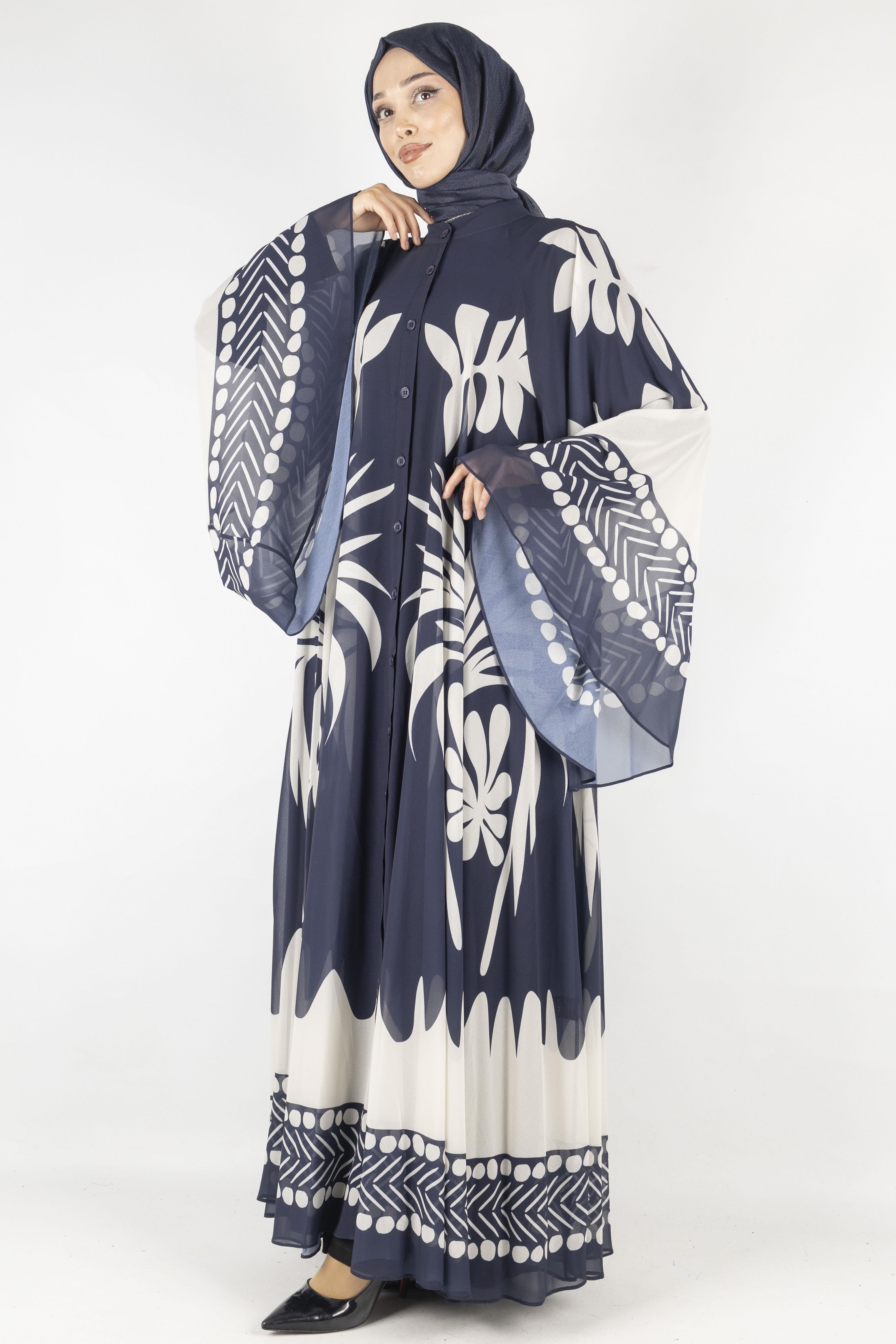 Büyük Beden  Desenli Şifon Elbise Lacivert OTW247