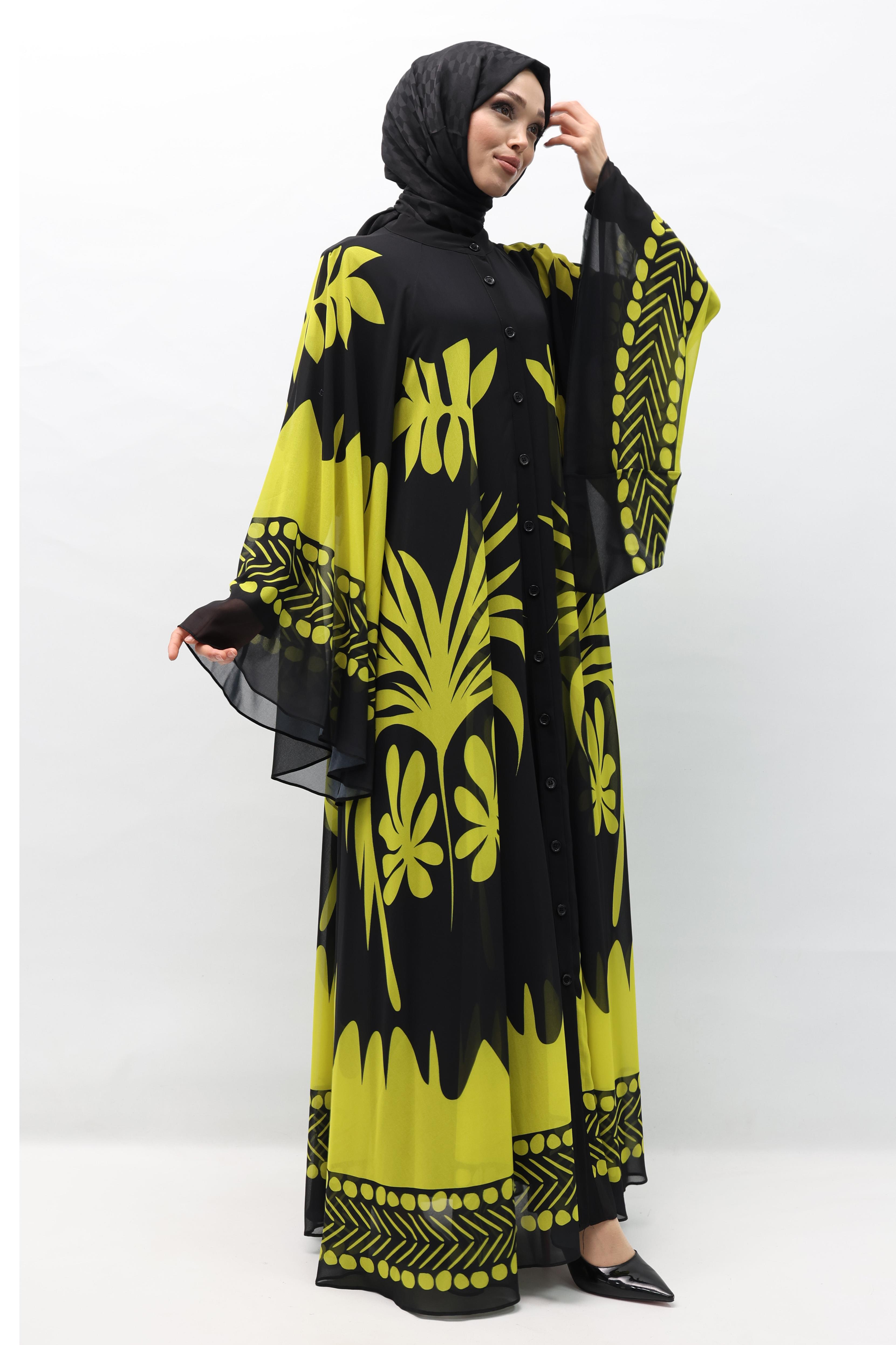 Büyük Beden  Desenli Şifon Elbise Olive OTW247