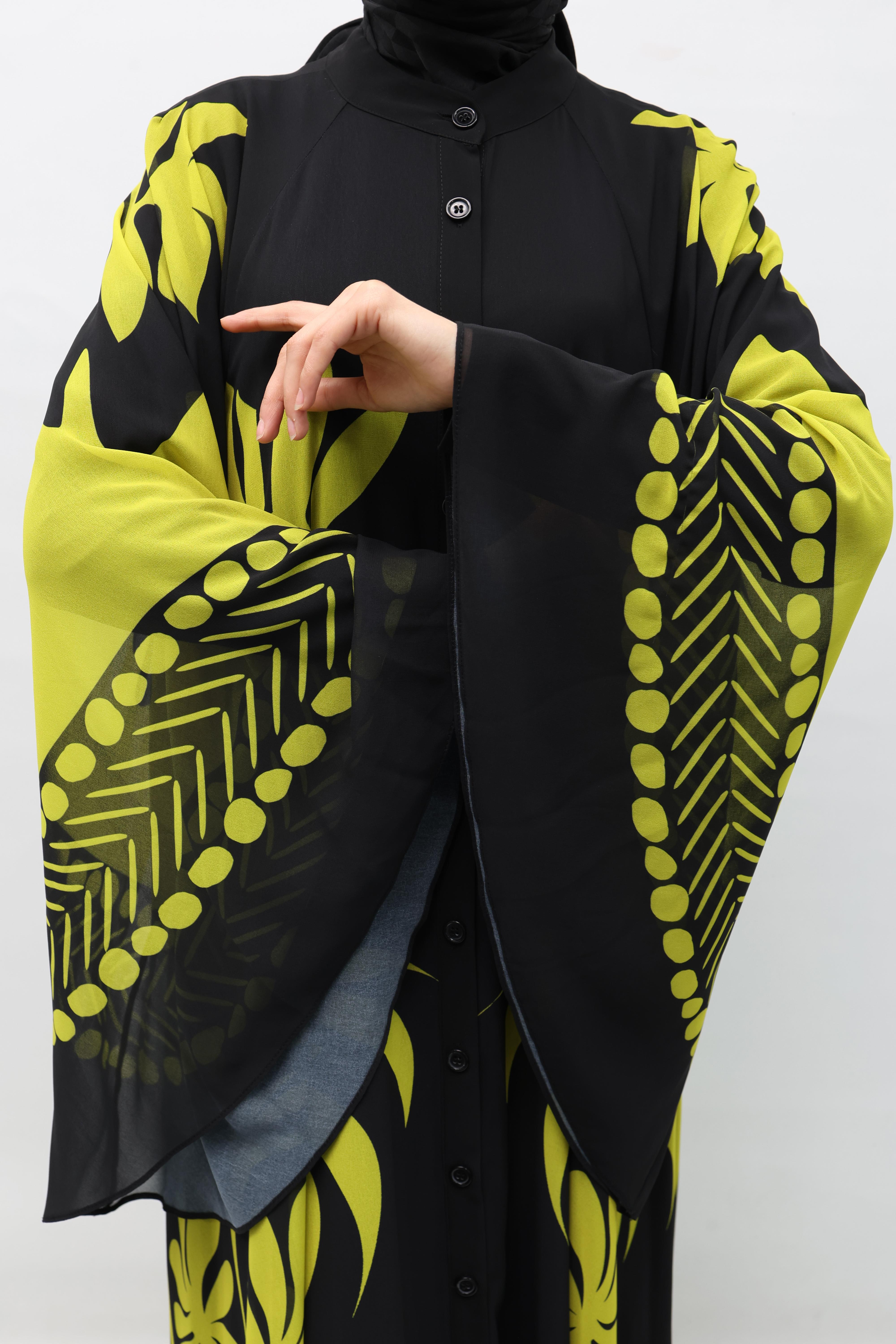 Büyük Beden  Desenli Şifon Elbise Olive OTW247