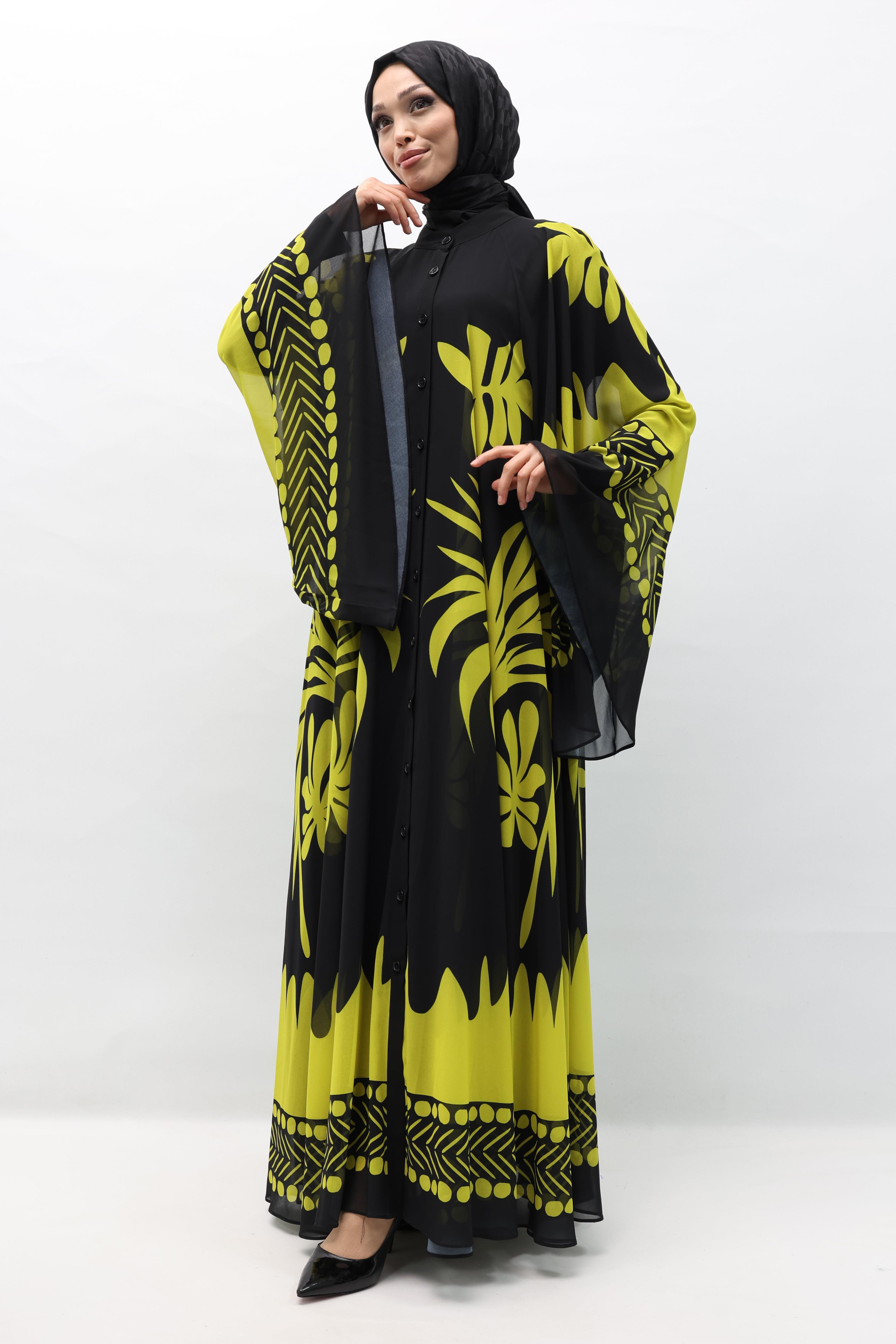 Büyük Beden  Desenli Şifon Elbise Olive OTW247