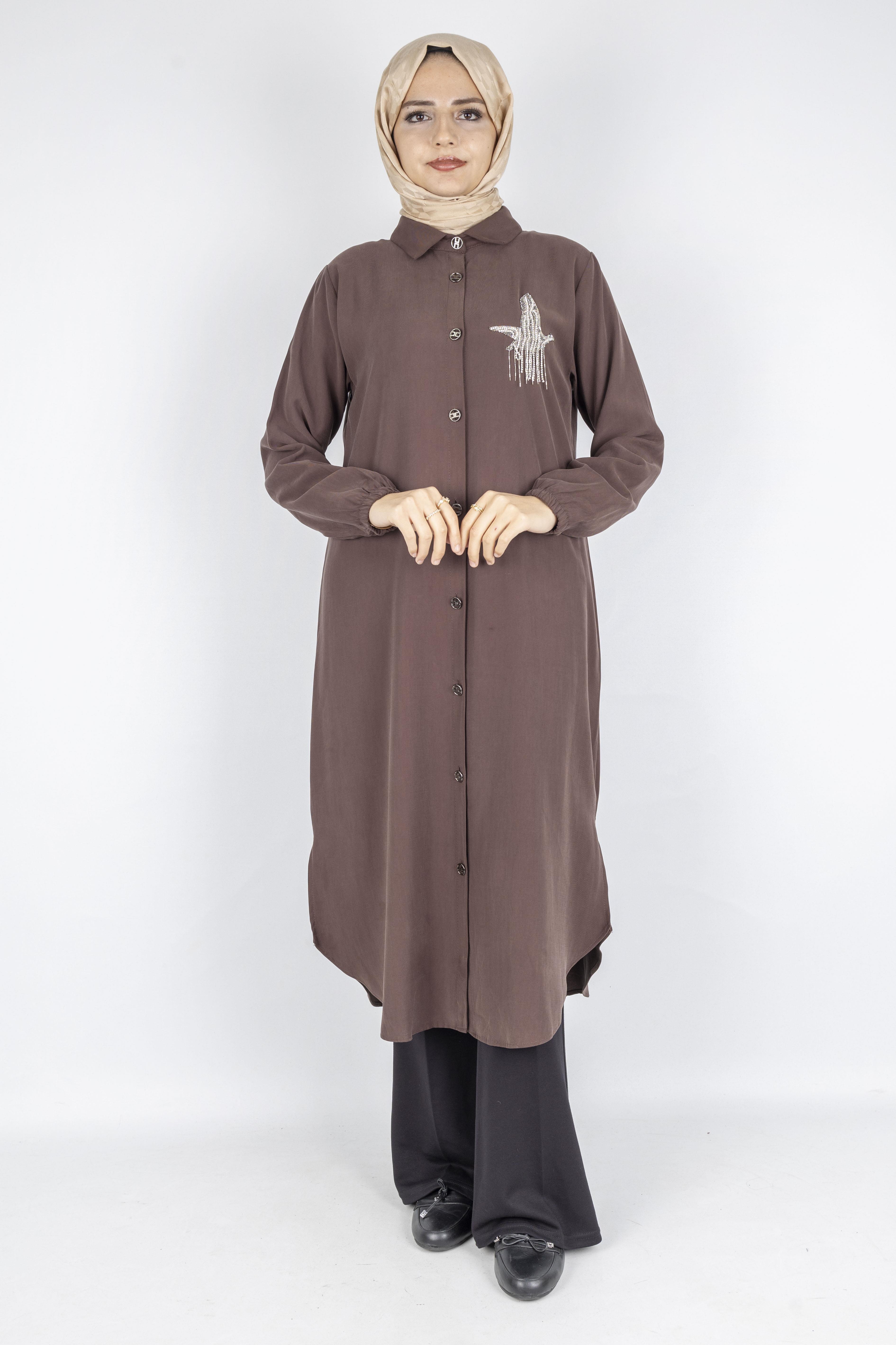 Büyük Beden Düğmeli Taş İşlemeli Tunik Kahve OTW319