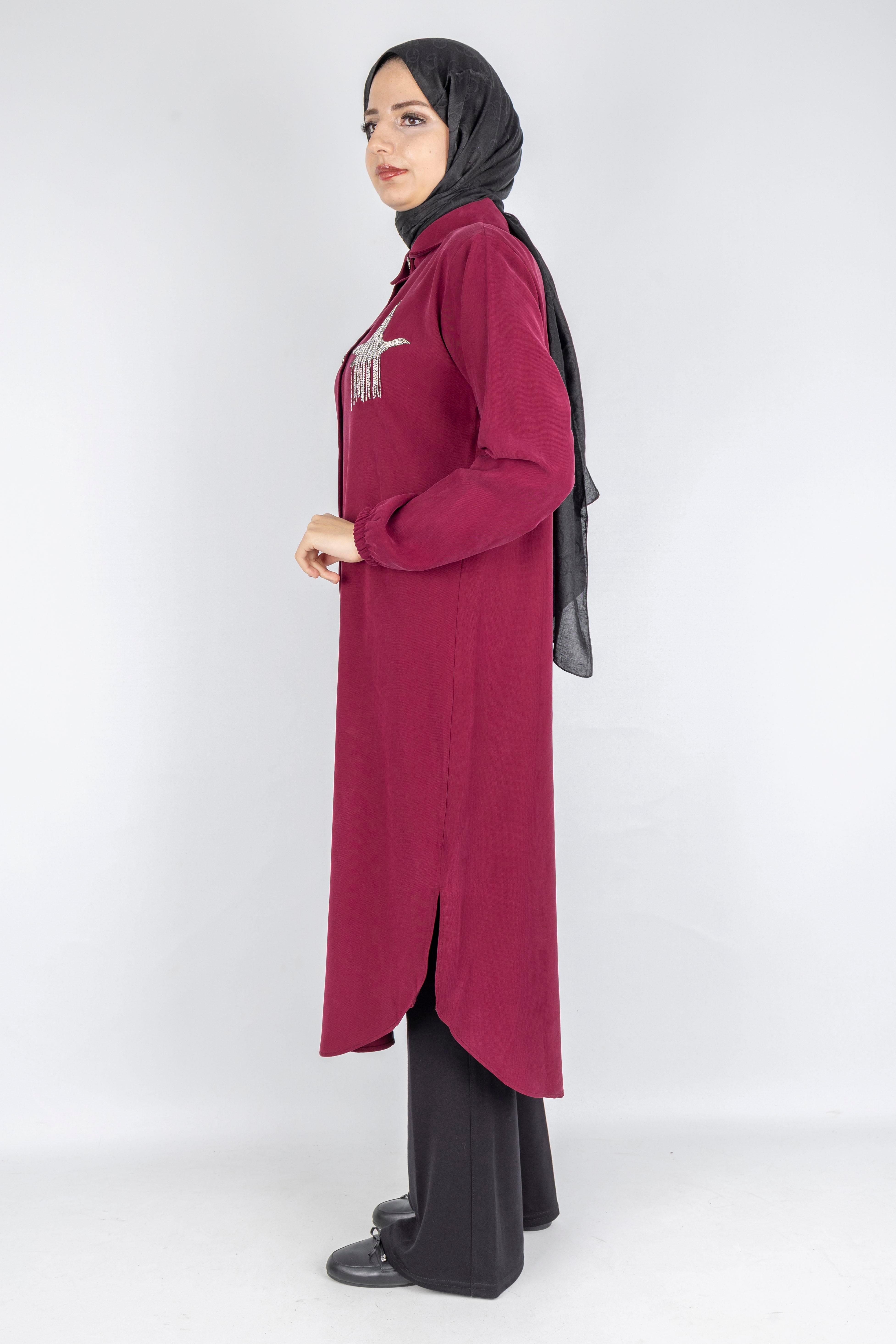 Büyük Beden Düğmeli Taş İşlemeli Tunik Bordo OTW319