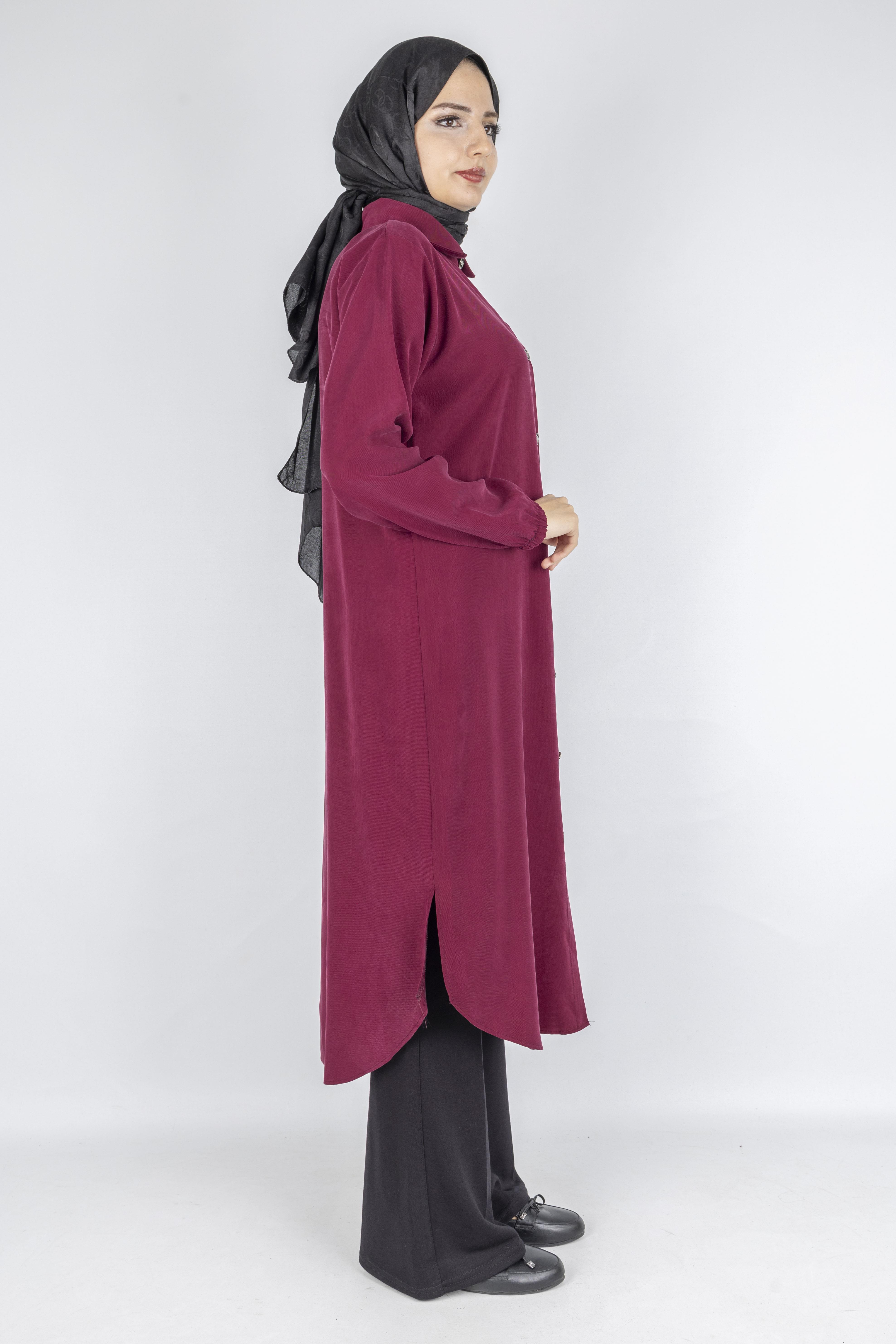 Büyük Beden Düğmeli Taş İşlemeli Tunik Bordo OTW319