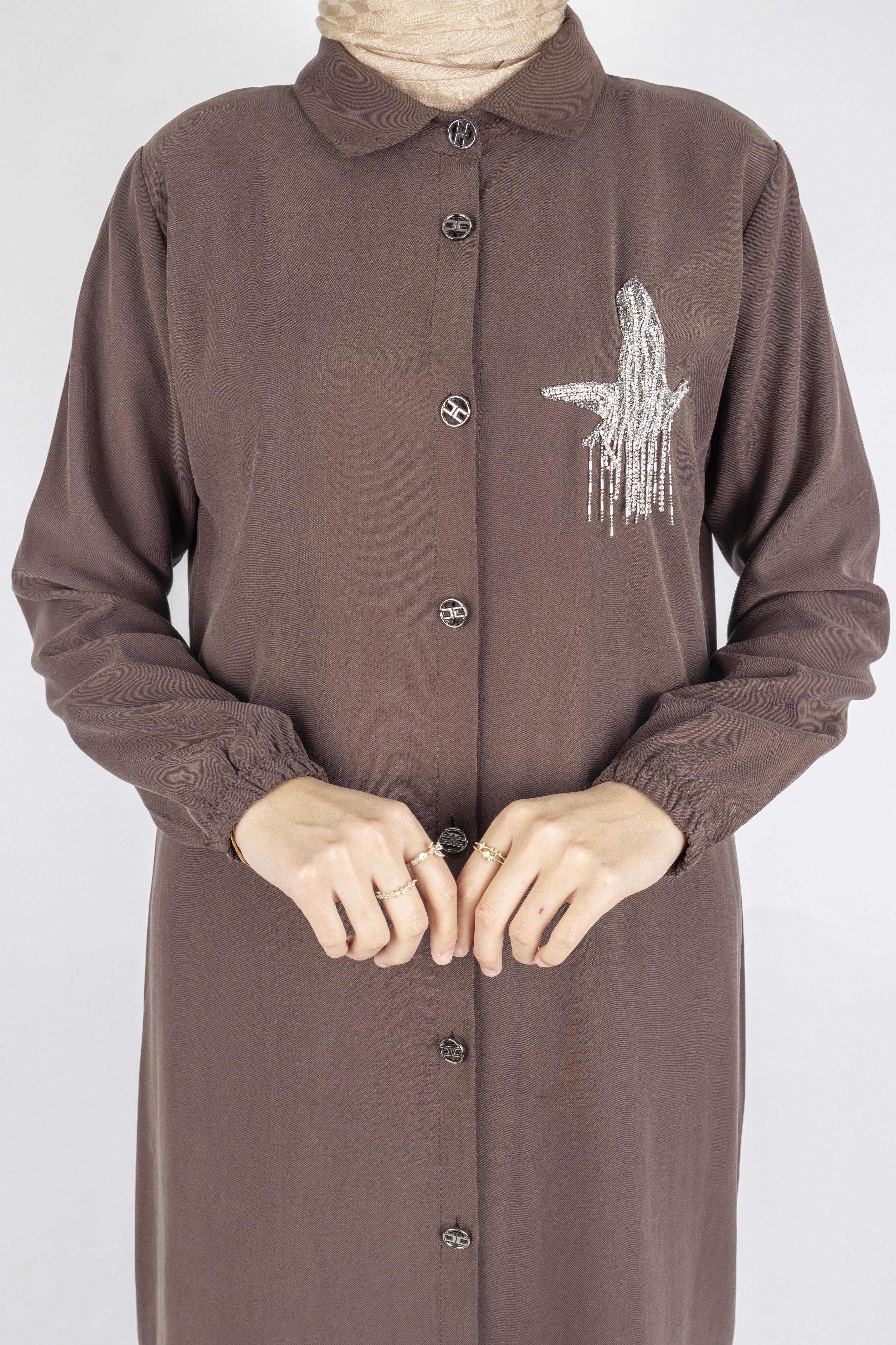 Büyük Beden Düğmeli Taş İşlemeli Tunik Kahve OTW319