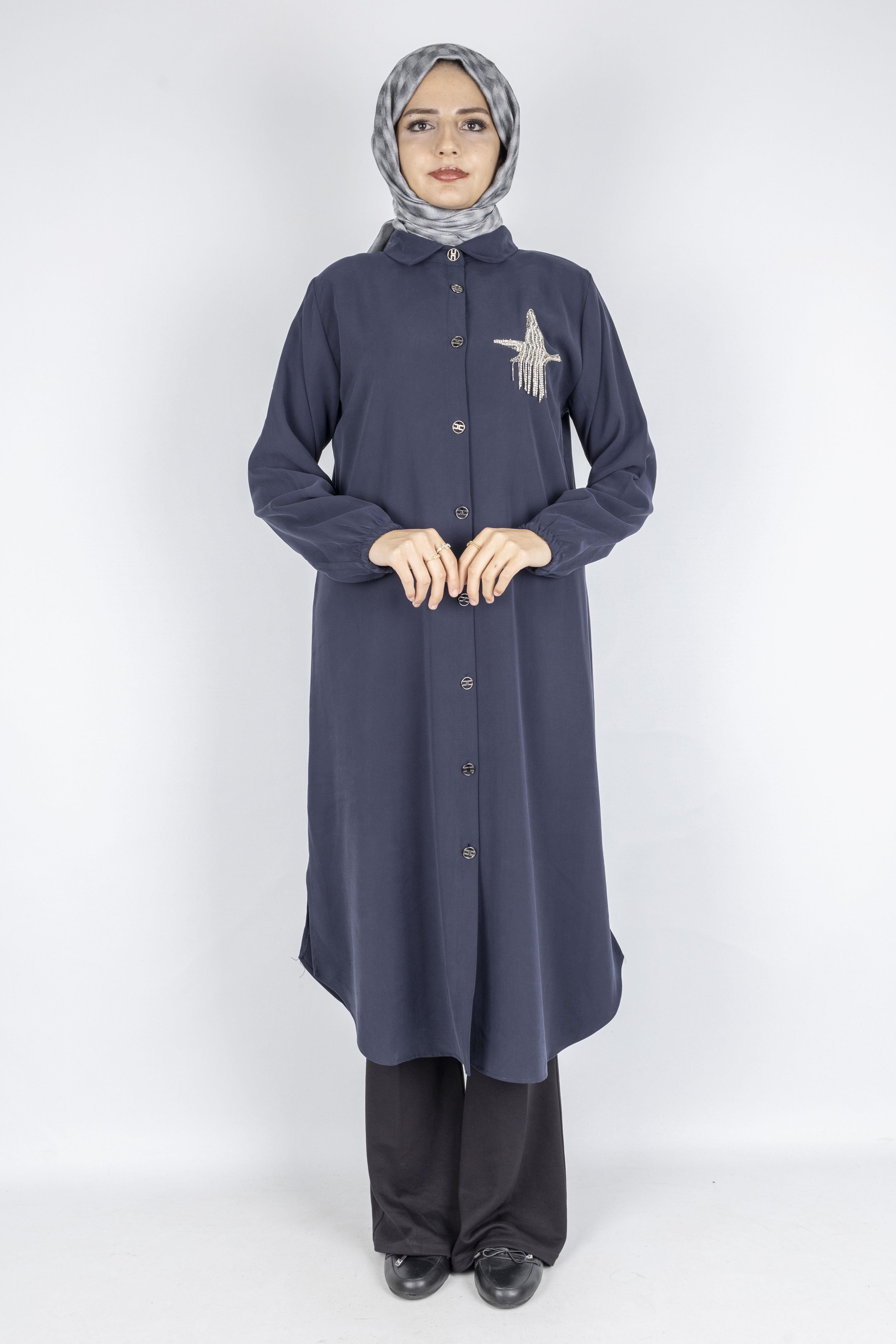 Büyük Beden Düğmeli Taş İşlemeli Tunik Lacivert OTW319