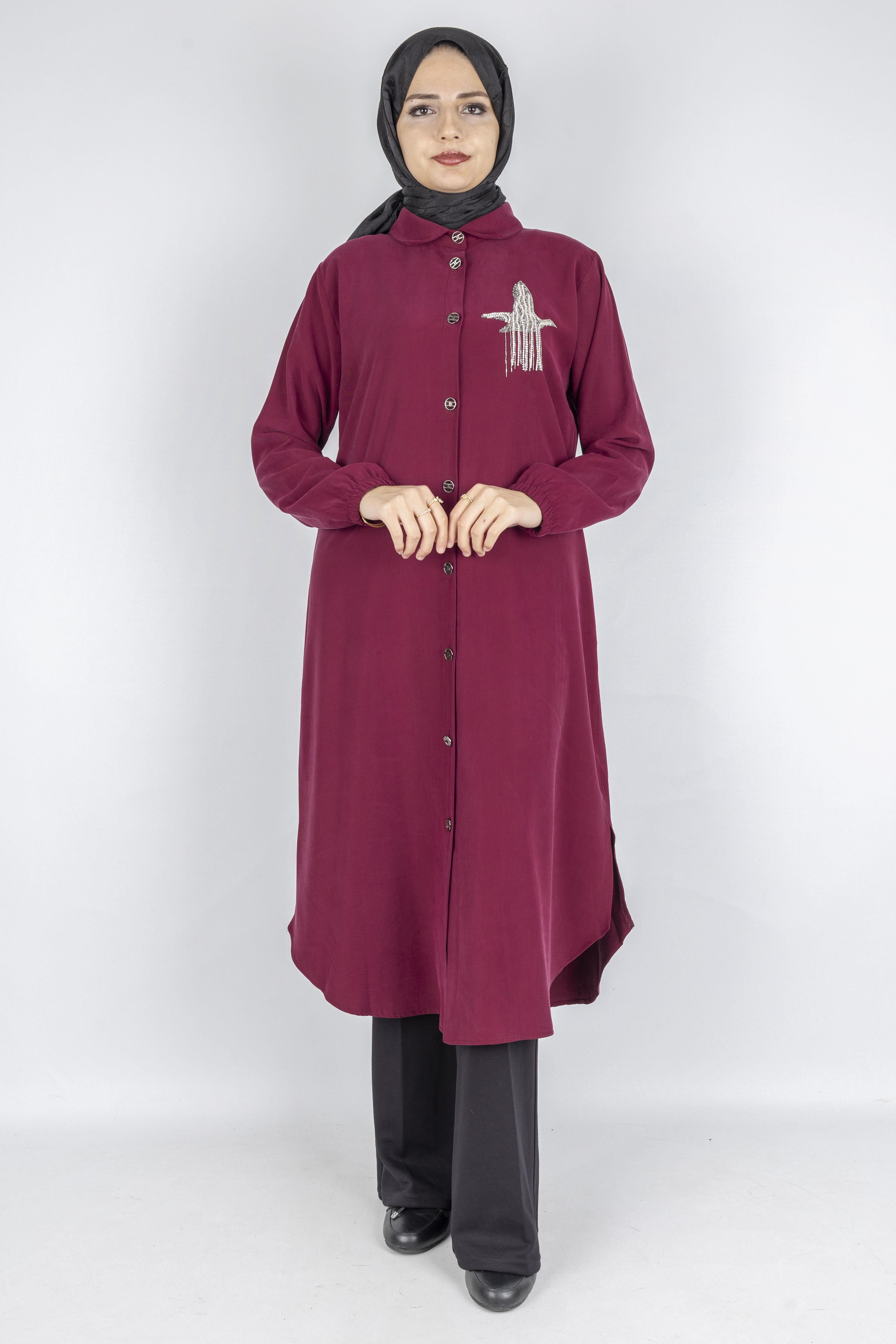 Büyük Beden Düğmeli Taş İşlemeli Tunik Bordo OTW319