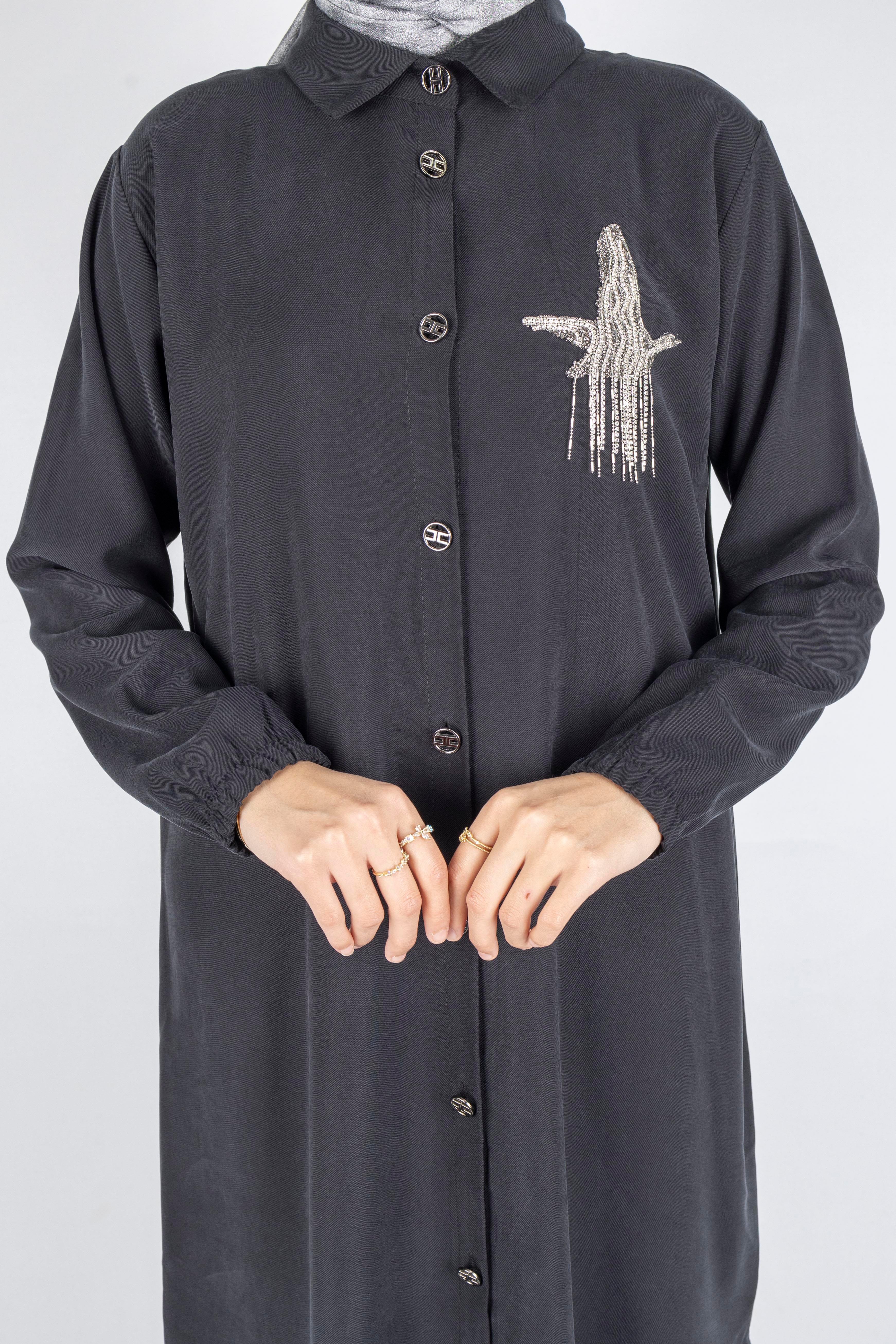 Büyük Beden Düğmeli Taş İşlemeli Tunik Siyah OTW319