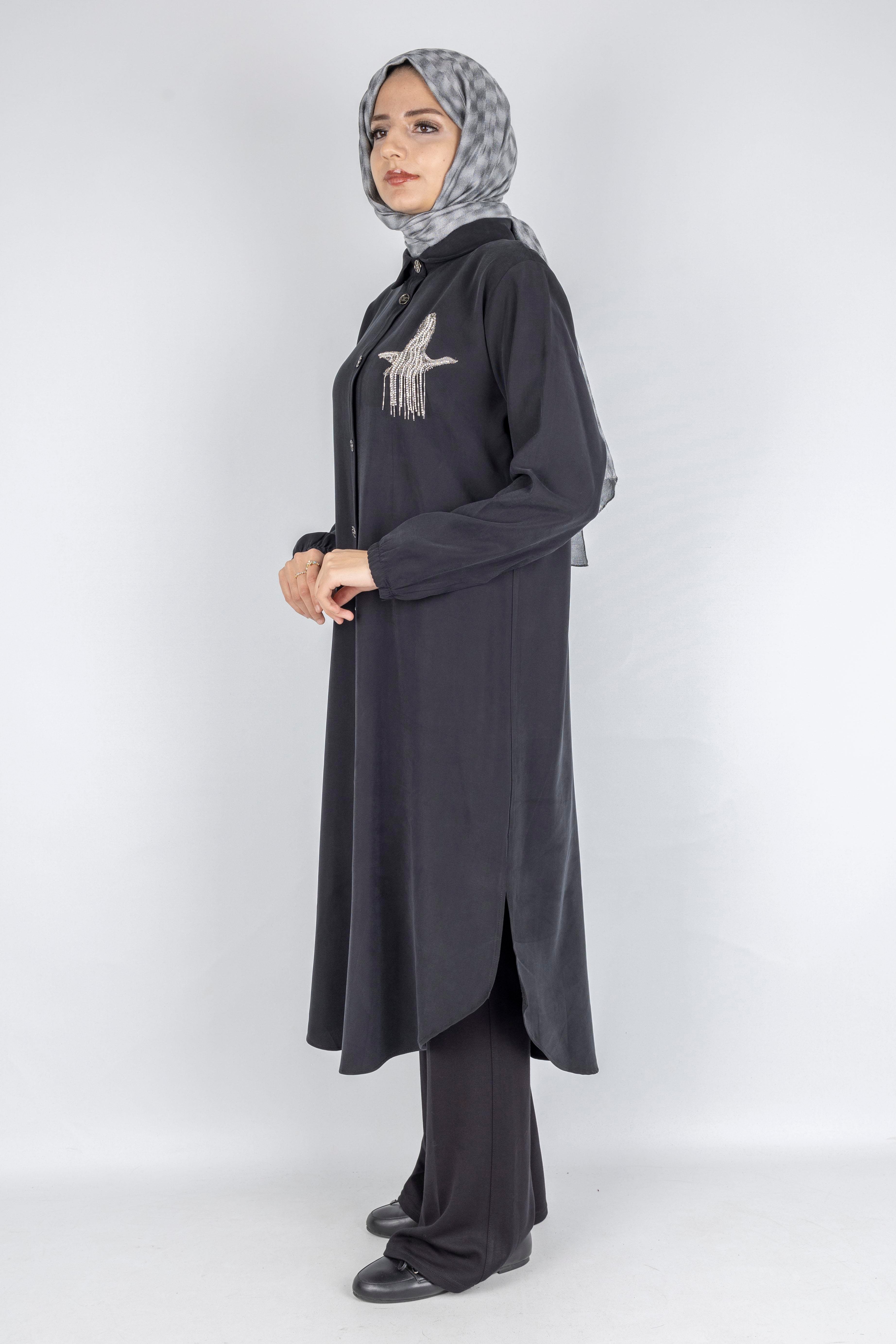 Büyük Beden Düğmeli Taş İşlemeli Tunik Siyah OTW319